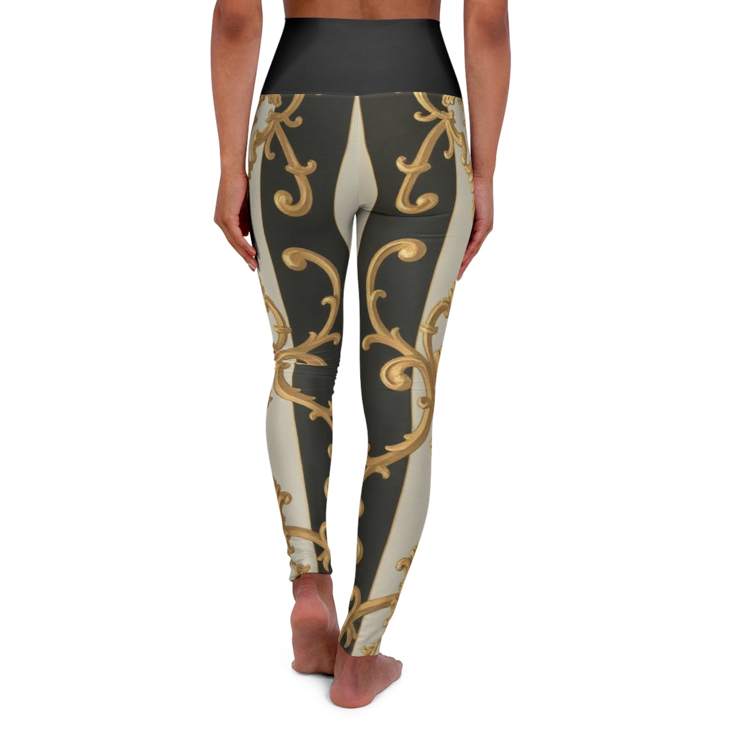 Elegant Black & Alabaster Striped Baroque High Waisted Yoga Leggings, Premium Activewear, Workout Leggings, Stylish Gym Pants