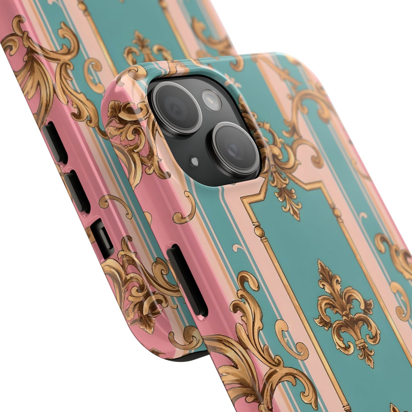 Elegant Floral Tough Phone Case, Artistic Phone Cover, Gift for Her, Chic Phone Accessory - Pink & Matte Turquoise Striped Rococo
