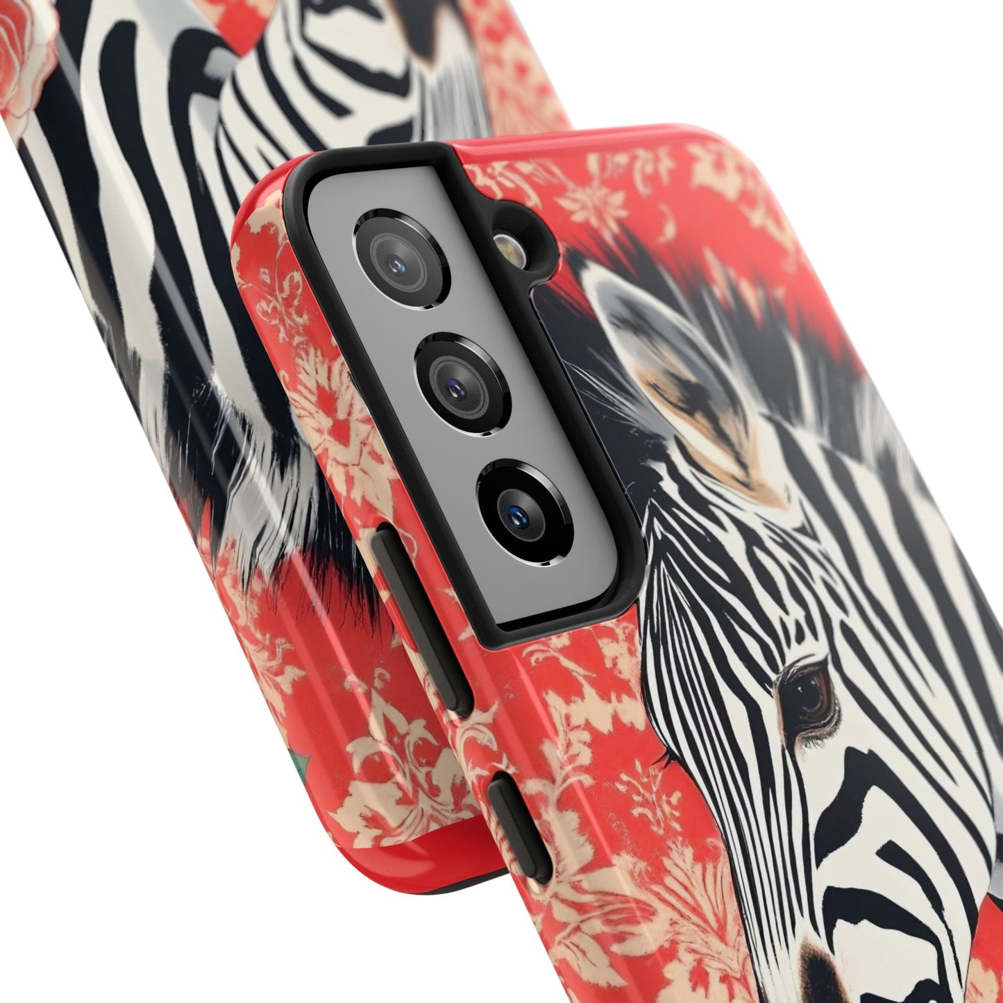 Zebra Tough Phone Case - Trendy Floral Design for Animal Lovers - Zebra With Coral Roses & Damask