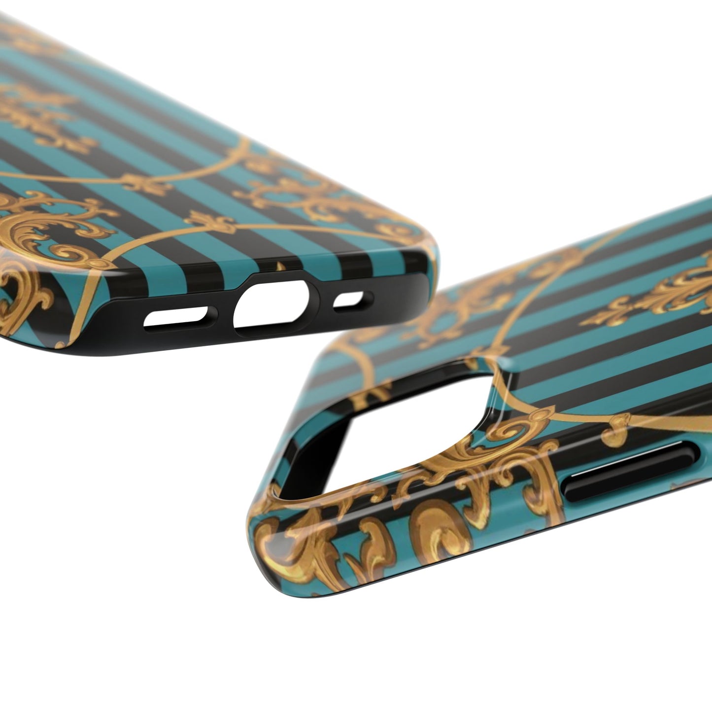 Elegant Turquoise & Black Striped Gold Baroque Phone Case, Tough Phone Cases for Fashion Lovers, Gift for Her, Luxury Accessories