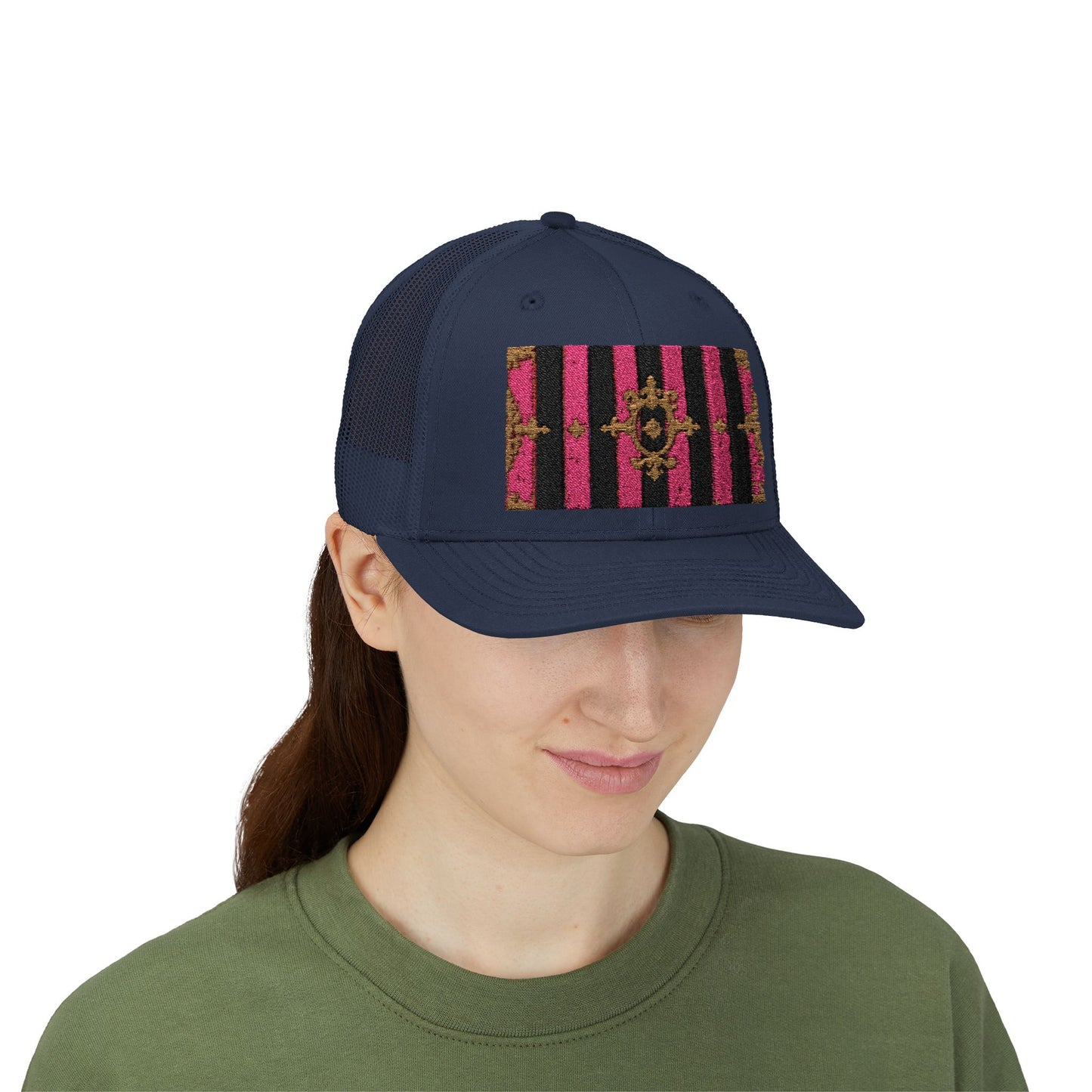 Stylish Snapback Trucker Cap with Black & Mauve Striped Gold Baroque, Trendy Fashion Hat, Perfect Gift for Him/Her