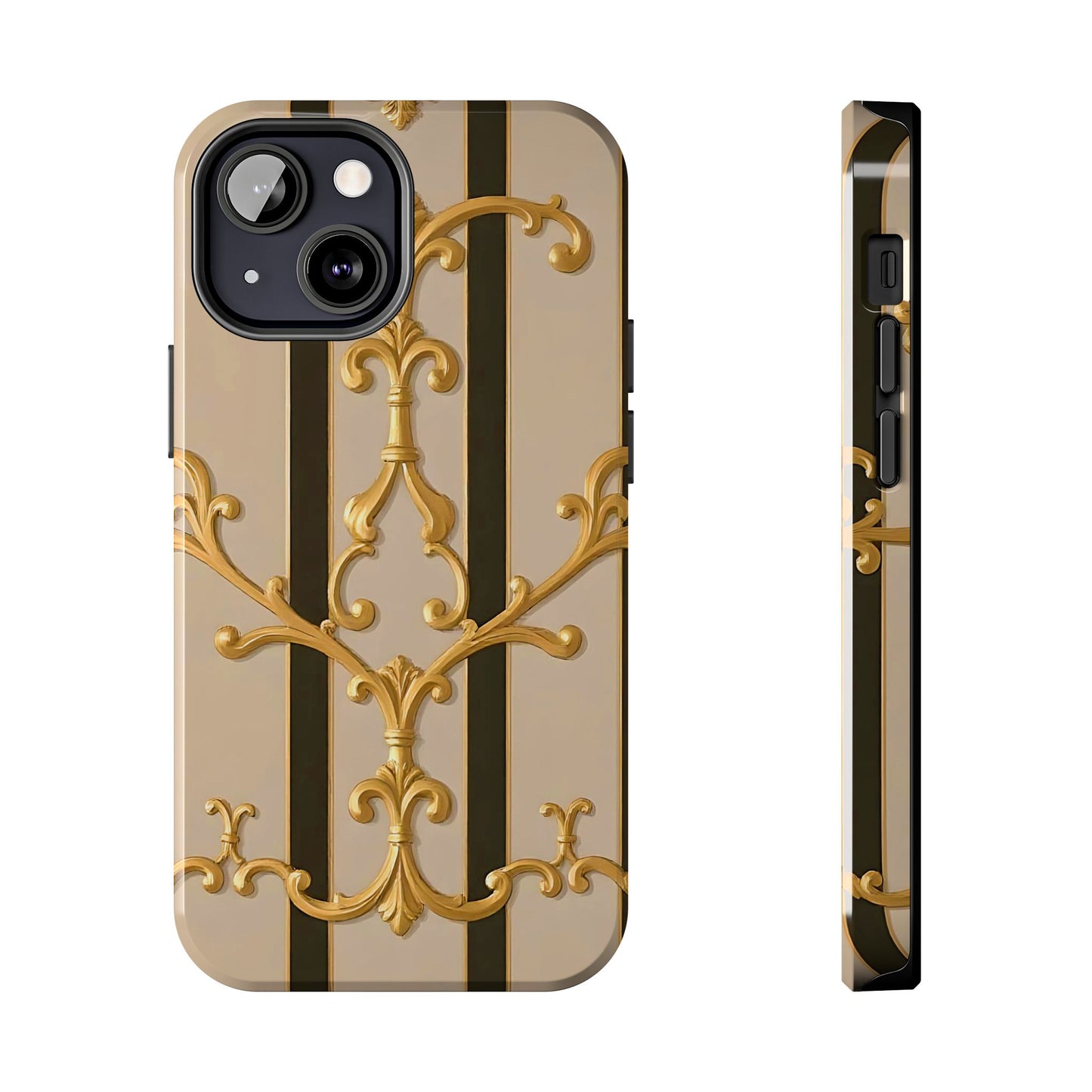 Elegant Vintage Tough Phone Case, Stylish Phone Cover, Boho Accessories, Perfect Gift for Her - Beige Striped Gold Rococo