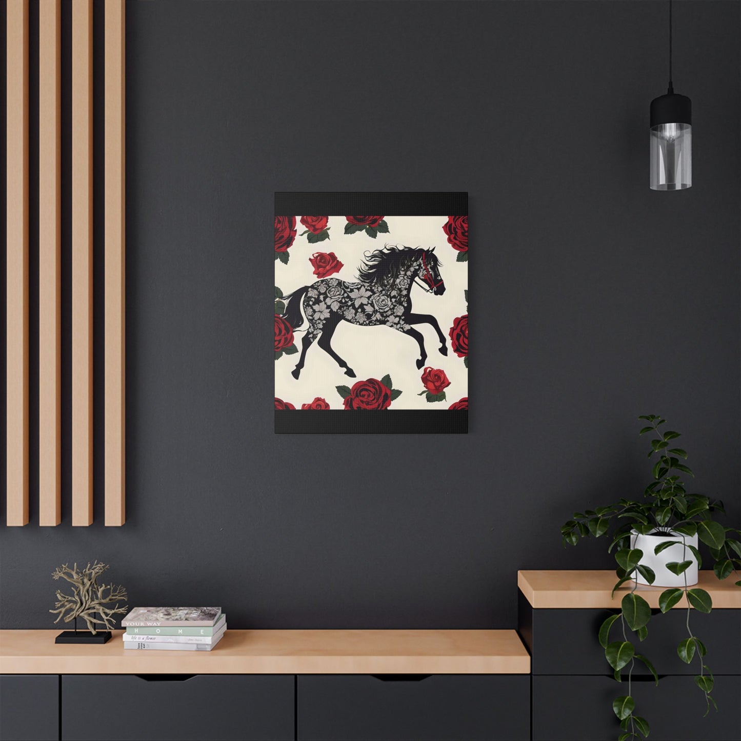 Art Print Canvas, Wall Decor, Satin Stretched Canvas, Equestrian Art, Office Decor, Home Decor - Horse & Roses