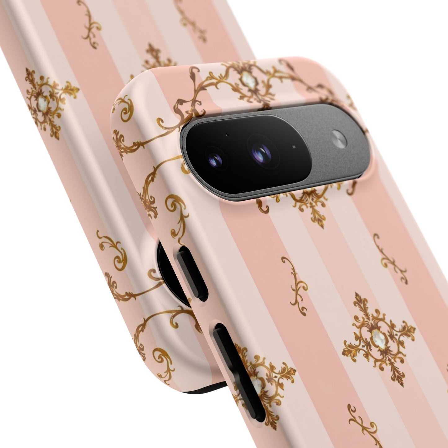 Elegant Floral Phone Case, Tough Cases for Women, Trendy Phone Cover, Chic Gift - Pink Jeweled Striped Gold Baroque