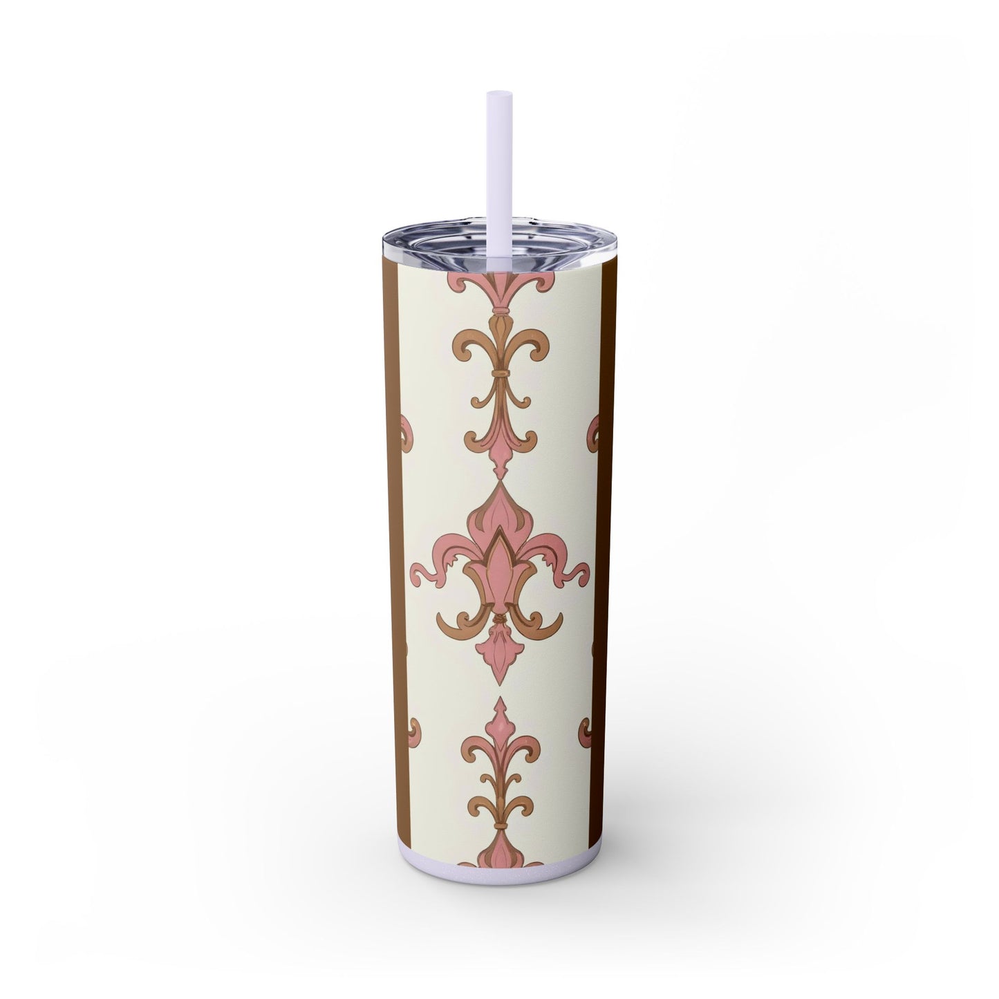 Elegant Floral Skinny Tumbler, 20oz Drinkware, Stylish Travel Mug, Wedding Gift, Personalized Gift, Eco-Friendly Cup - Brown Striped Pink Arabesque