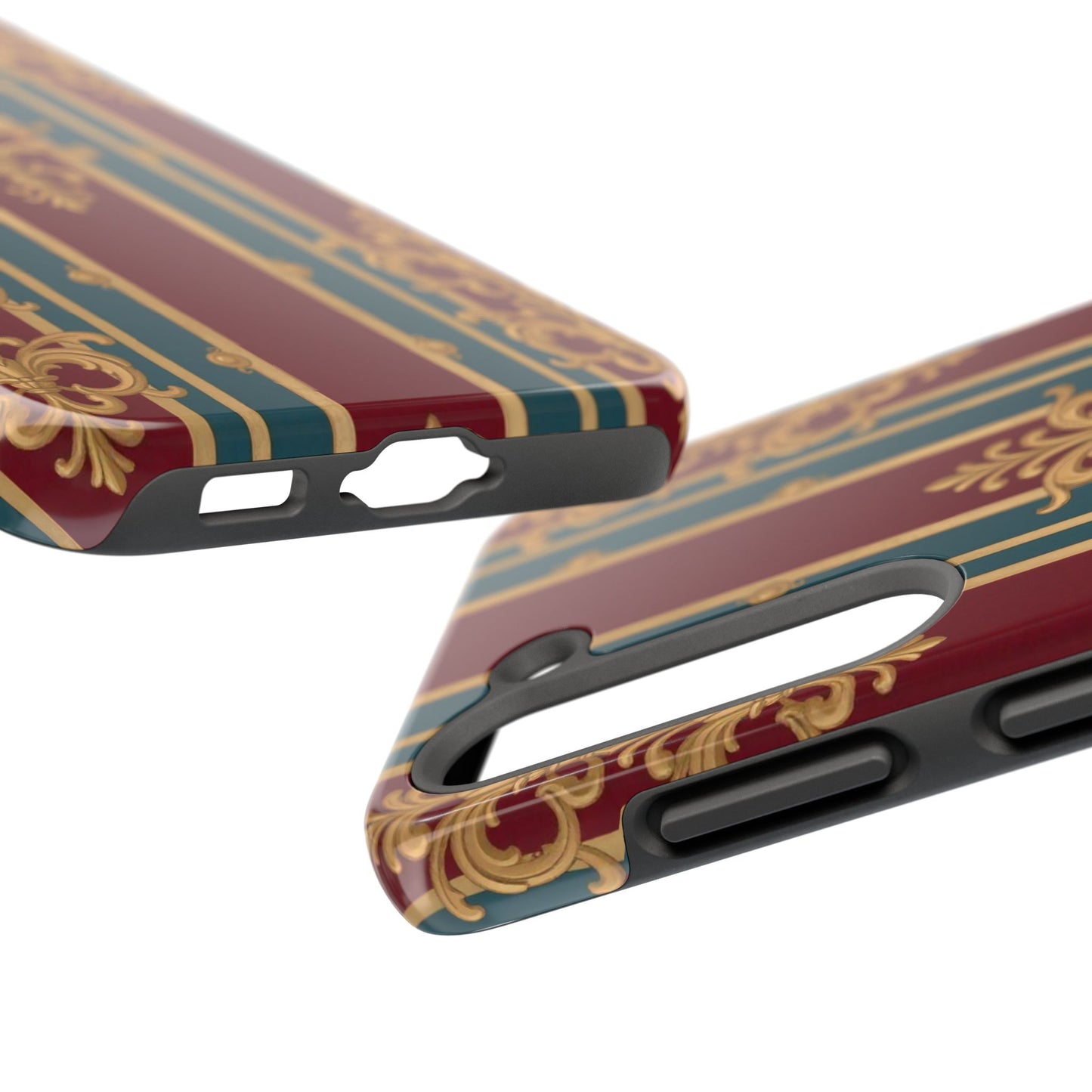 Elegant Vintage Tough Phone Case, Luxury Phone Protection, Stylish Phone Cover, Durable Phone Accessory - Burgundy Striped Gold Baroque