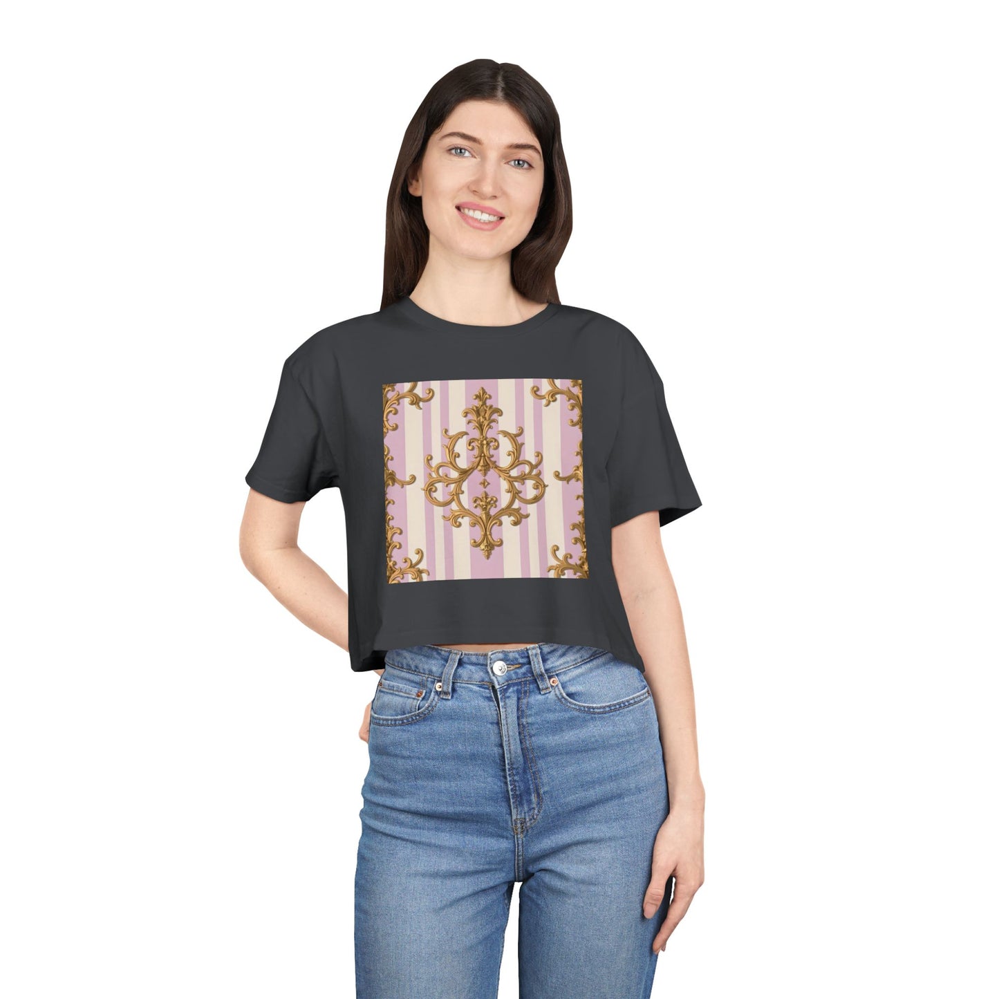 Chic Women's Crop Tee with Elegant Pink and Gold Design, Fashion Tee, Summer Style, Gift for Her - Lilac & Alabaster Striped Gold Baroque