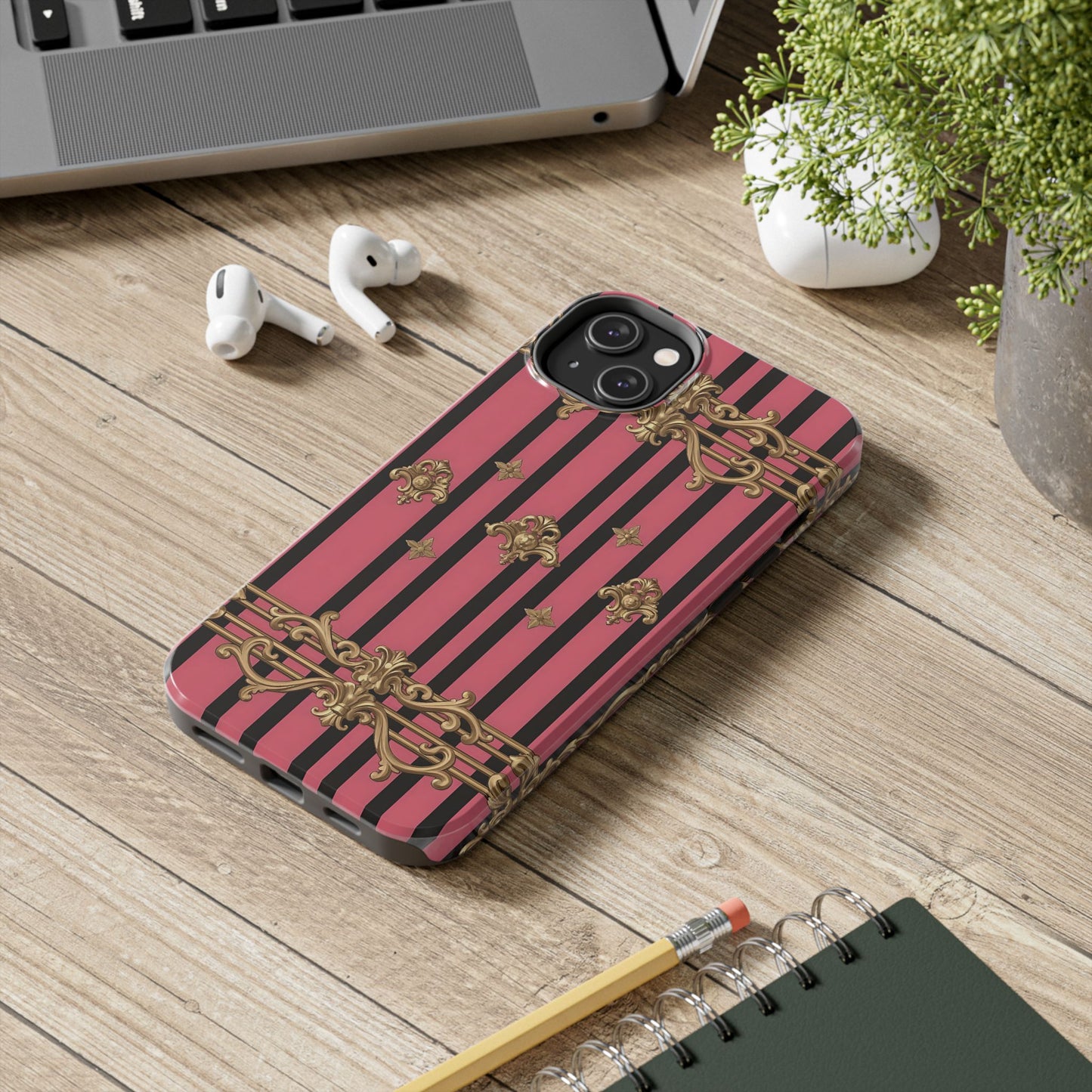 Elegant Floral Phone Cases, Stylish Protective Case for Trendy Individuals, Unique Gift for Tech Lovers, Phone Accessories - Pink Striped Gold Rococo