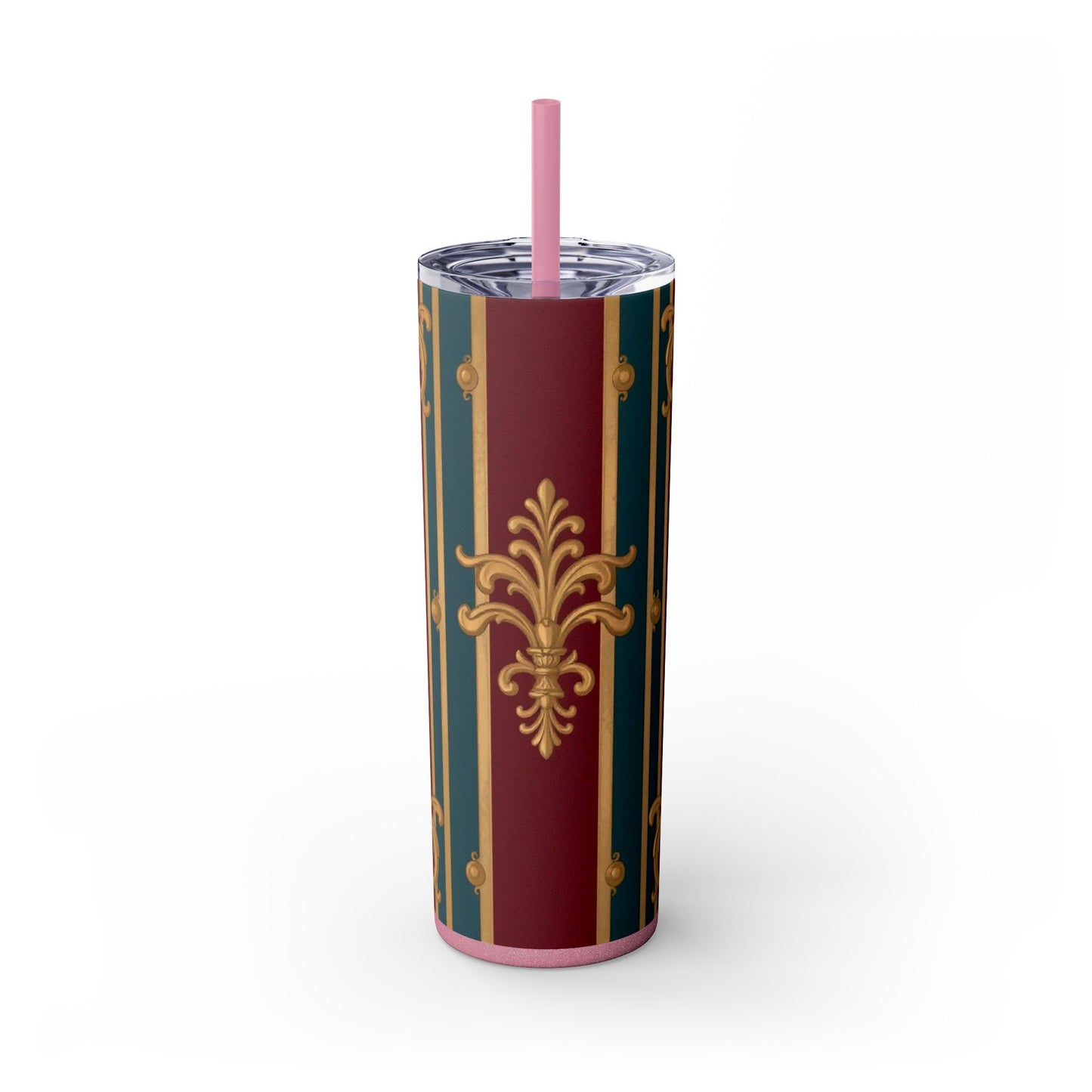 Elegant Vintage Skinny Tumbler with Straw, 20oz | Gold & Burgundy Design | Travel Mug, Gift for Her - Burgundy Striped Gold Baroque
