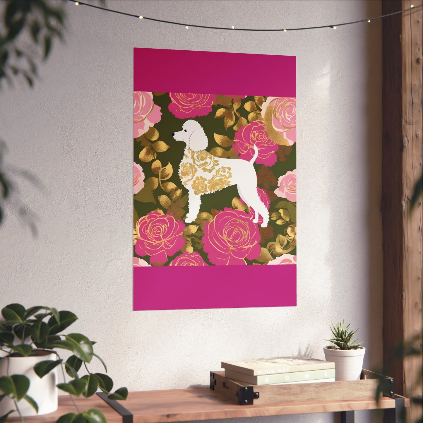 Vertical Poster - Elegant Matte Floral Art Wall Decor - Damask White Poodle and Pink Roses