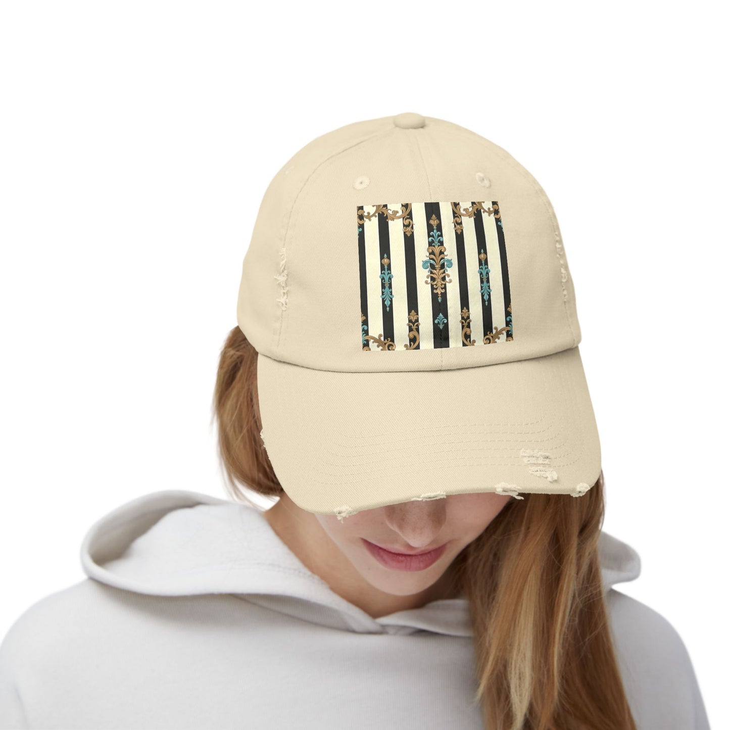 Trendy Distressed Cap for Fashion Lovers, Casual Cap, Gift for Him, Gift for Her - Black Striped Turquoise & Black Rococo
