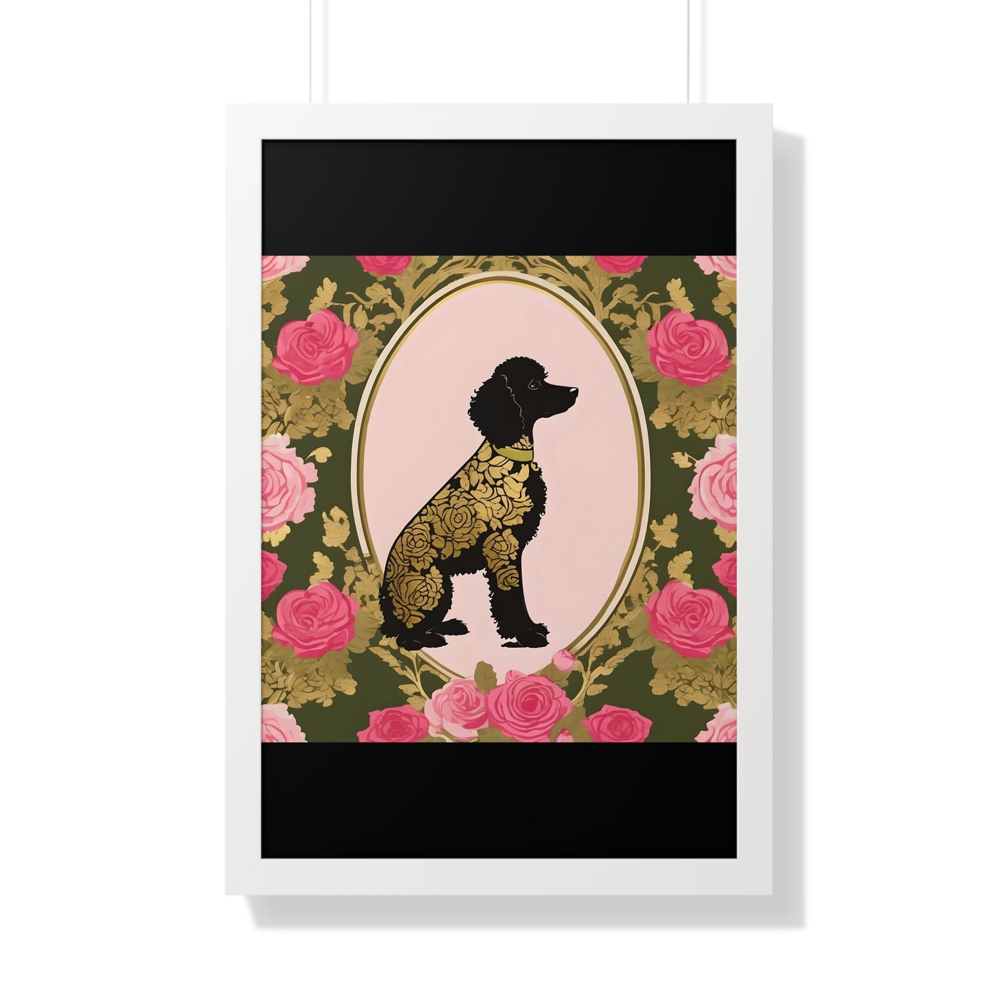 Vertical Poster - Stylish Framed - Art for Home Decor - Damask Black & Gold Poodle in Olive & Pink Roses