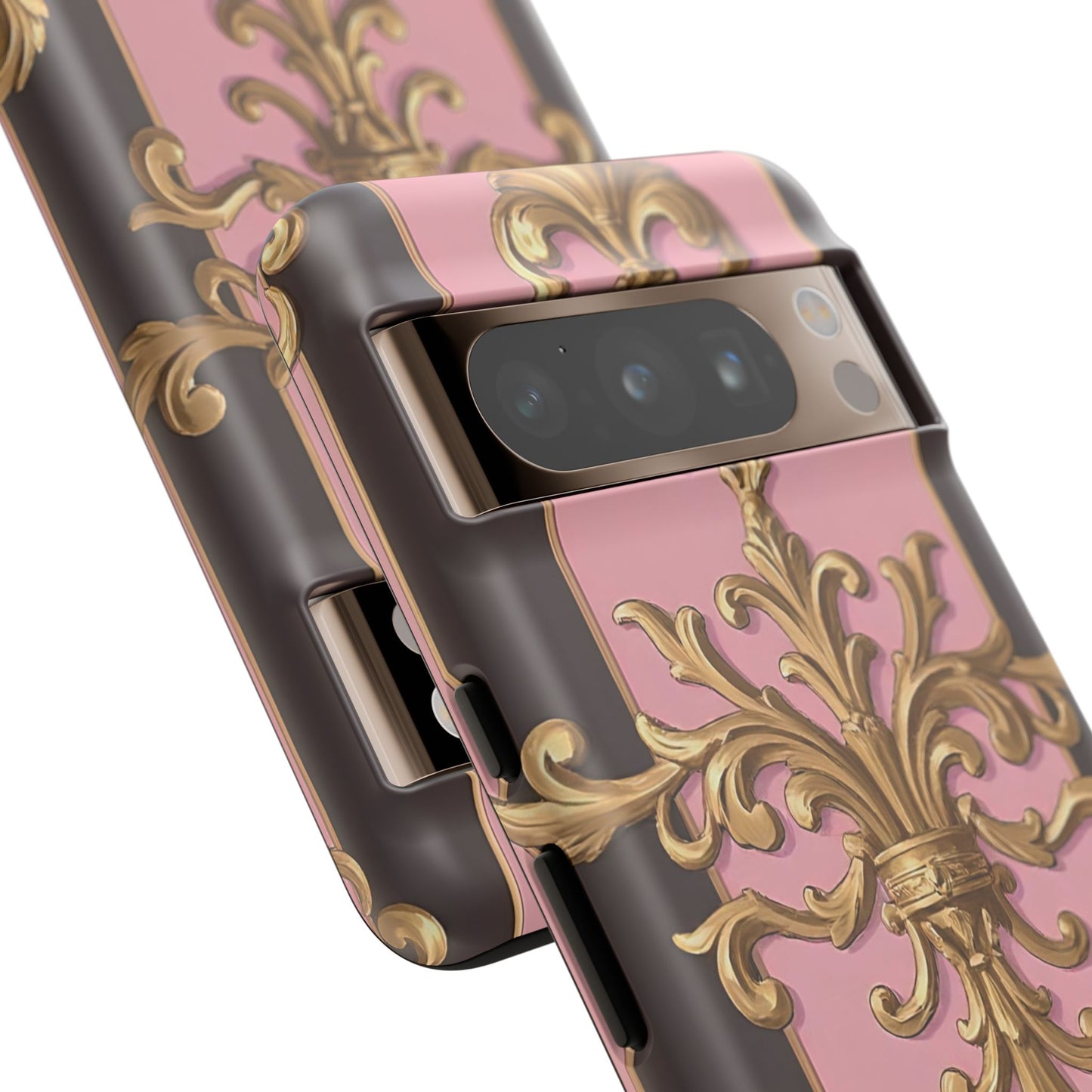 Elegant Floral Motif Phone Case - Tough Cases with Vintage Design - Pink & Brown Striped Gold Damask