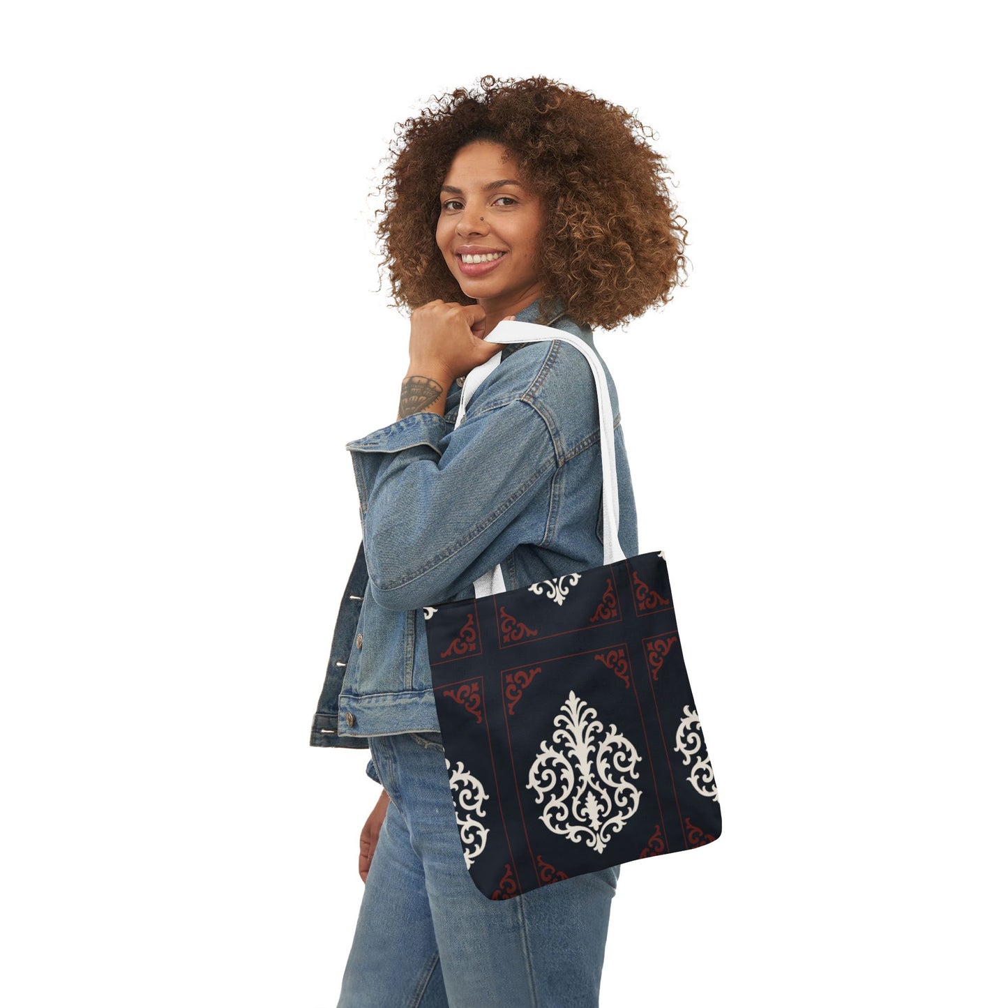 Dusk Blue-Maroon & White Baroque Pattern Canvas Tote Bag — Elegant Dusk Blue & White Reusable Market Bag