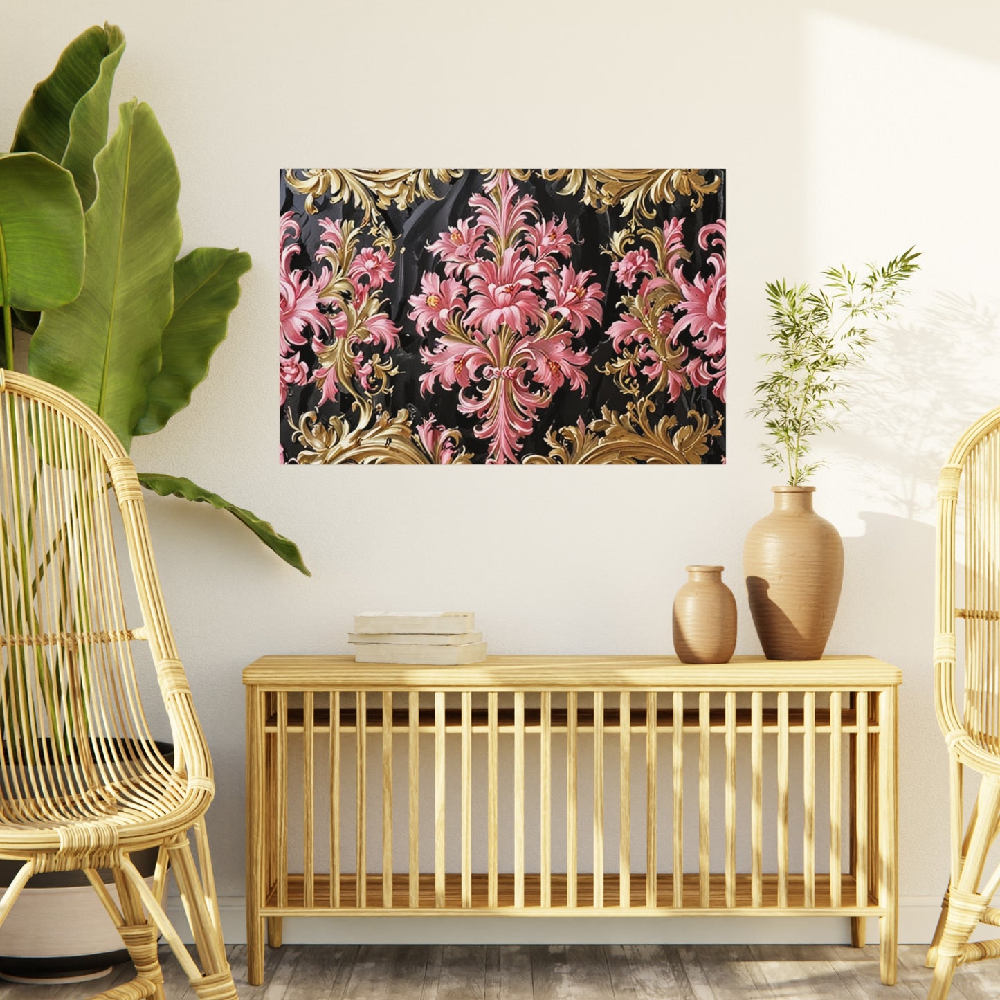 Elegant Floral Foam Board | Decorative Wall Art, Home Decor, Wedding Decor, Party Backdrop - Black & Pink Oil Painting Style Rococo