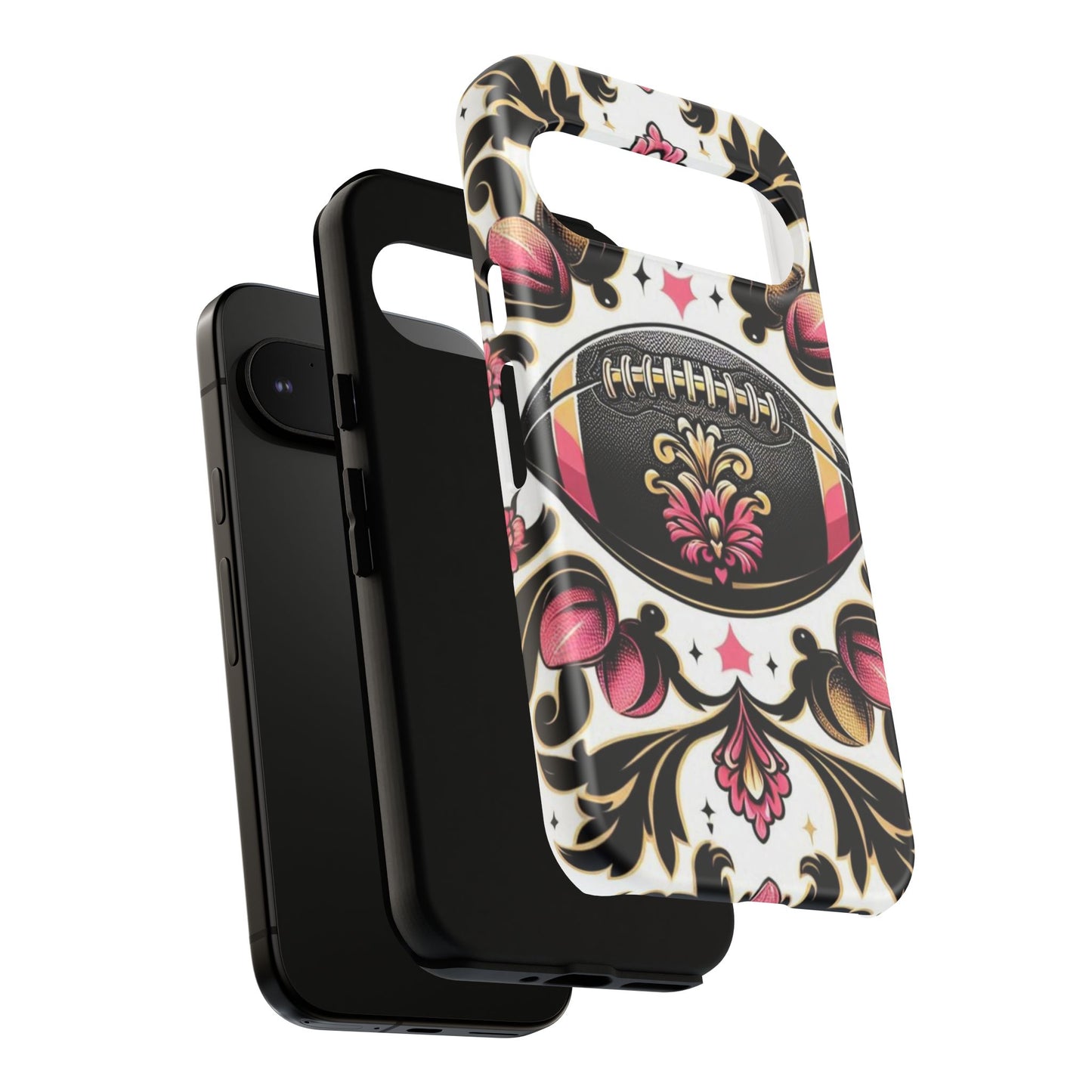 Elegant Floral Motif Phone Case - Tough Cases with Vintage Design - Damask White, Pink Gold & Black Football