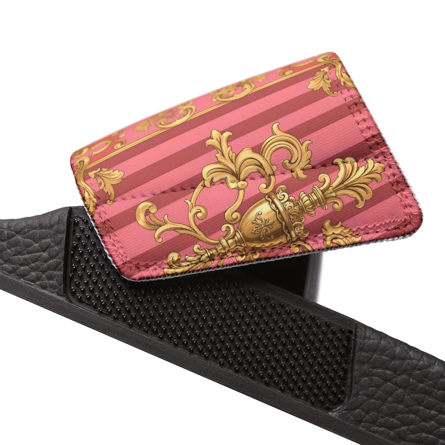 Chic Women's Removable-Strap Slides, Trendy Summer Footwear, Vacation Must-Have, Beach Sandals - Pink Striped Gold Baroque