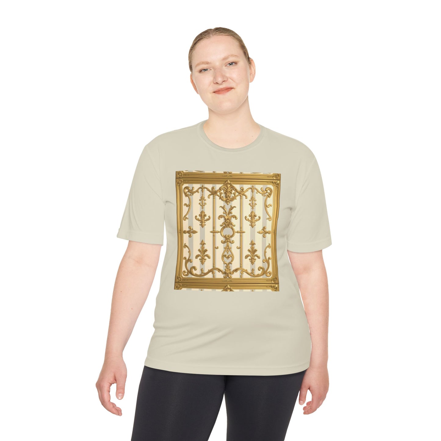 Elegant Gold Unisex Moisture Wicking Tee, Fashion Tee, Workout Shirt, Summer Style - Matte Gray & Cream Striped Gold Baroque