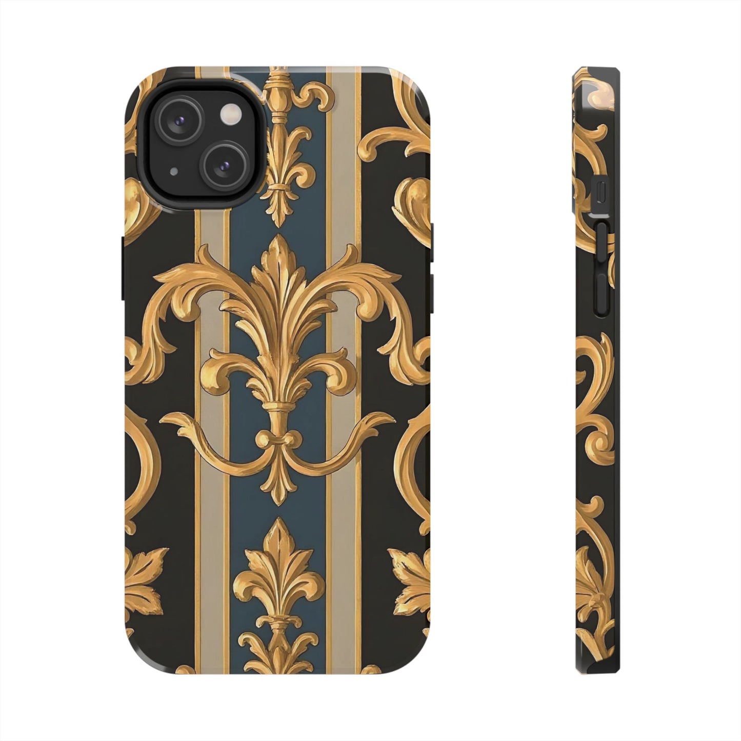 Elegant Rococo Phone Cases, Tough iPhone Case, Floral Design Case, Luxury Phone Cover - Blue & Black Striped Rococo