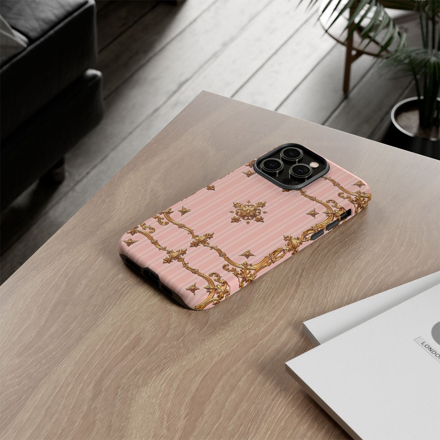 Elegant Floral Phone Case, Tough Cases for Women, Trendy Phone Cover, Chic Gift - Pink Striped Gold Baroque