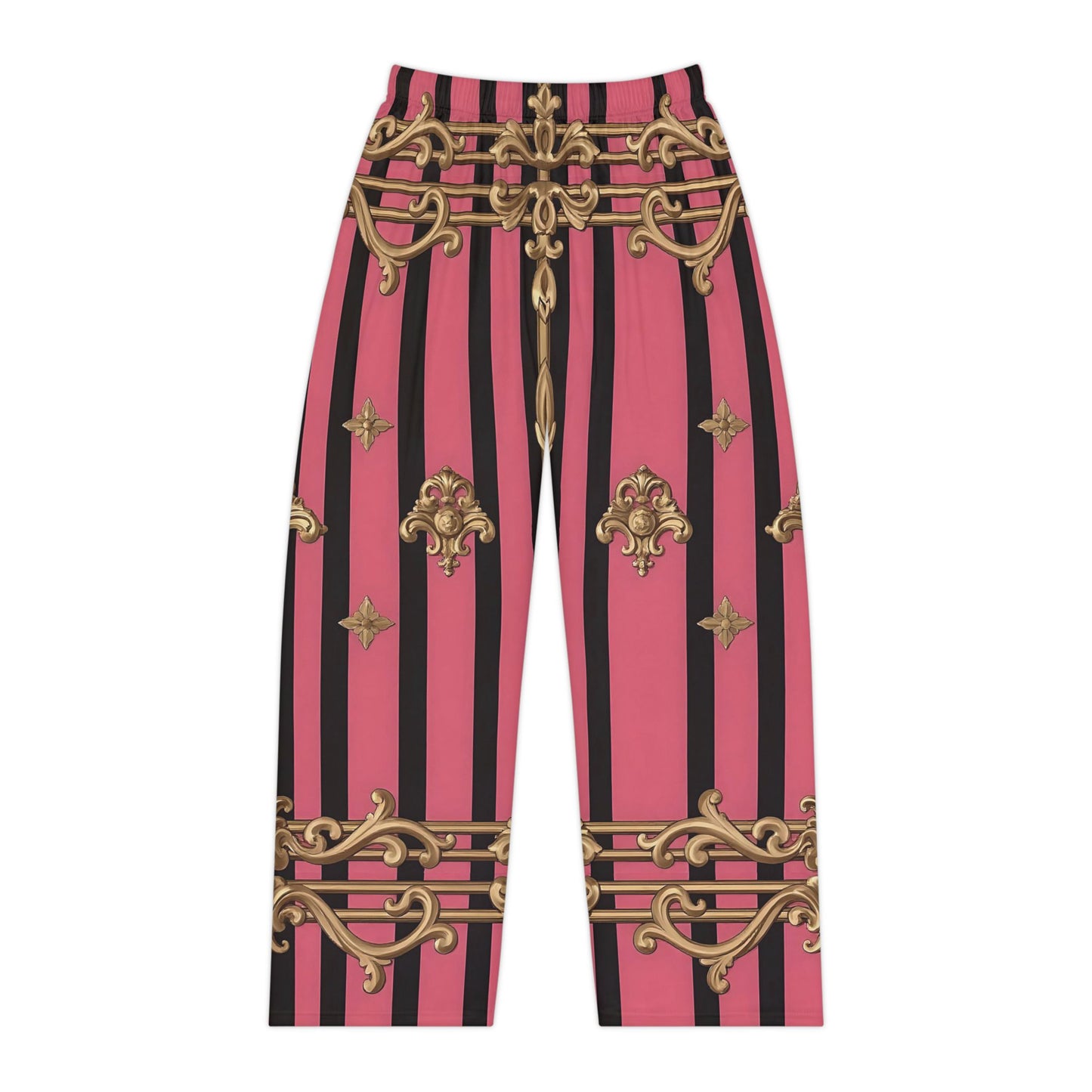 Chic Women's Pajama Pants, Luxurious AOP Sleepwear, Elegant Lounge Pants, Stylish Bedtime Wear, Cozy Gift for Her - Pink Striped Gold Rococo