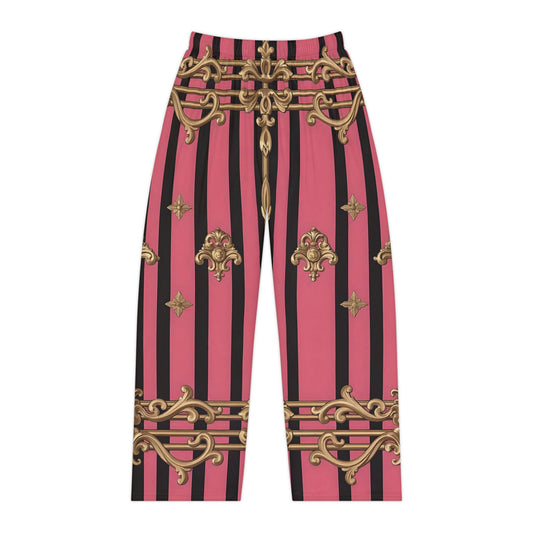 Chic Women's Pajama Pants, Luxurious AOP Sleepwear, Elegant Lounge Pants, Stylish Bedtime Wear, Cozy Gift for Her - Pink Striped Gold Rococo