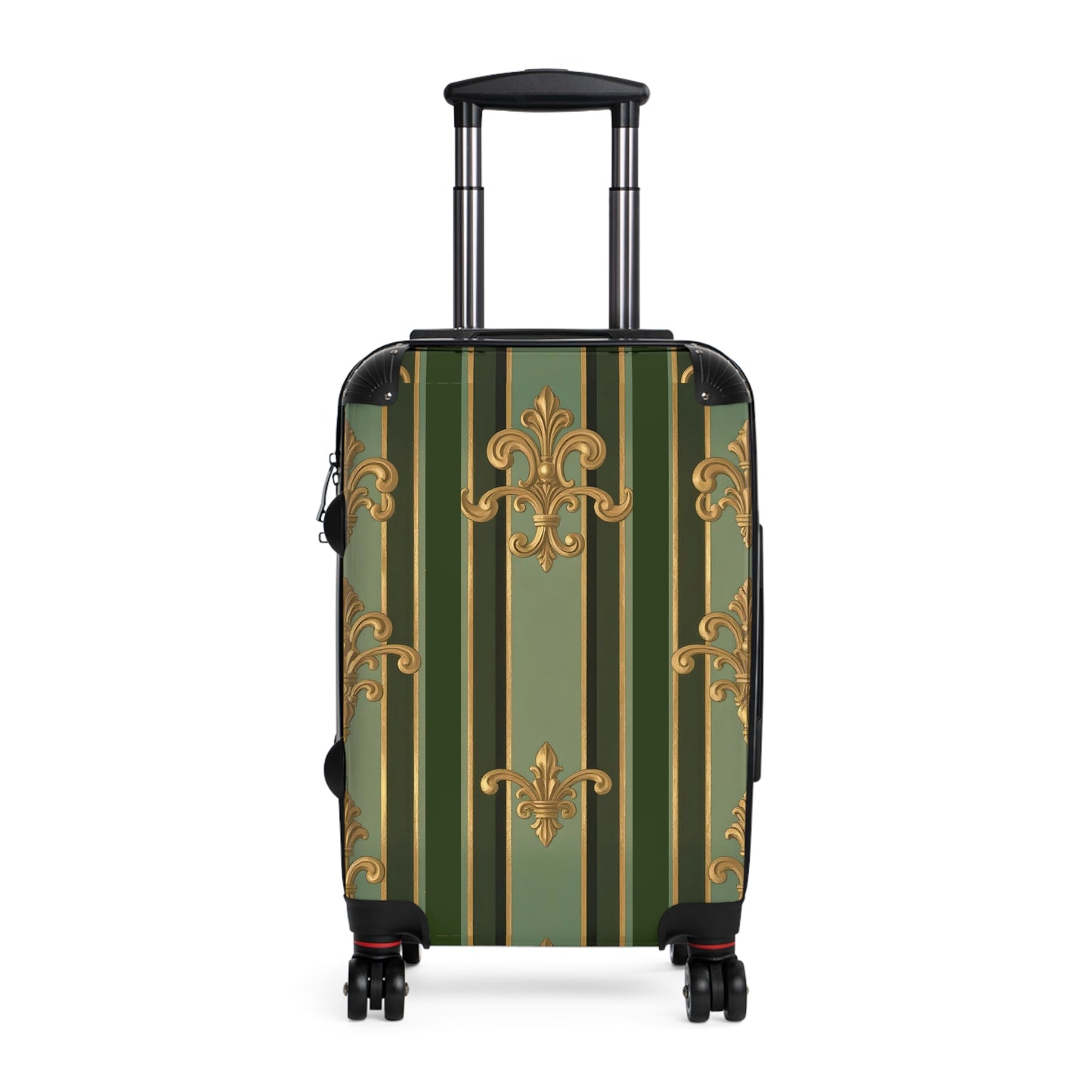 Elegant Travel Suitcase with Vintage Design, Personalized Luggage for Travelers, Monogrammed Carry-On - Green Striped Gold Baroque