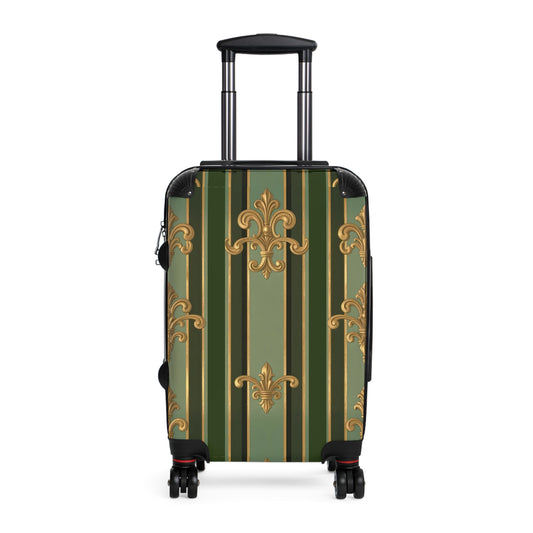 Elegant Travel Suitcase with Vintage Design, Personalized Luggage for Travelers, Monogrammed Carry-On - Green Striped Gold Baroque
