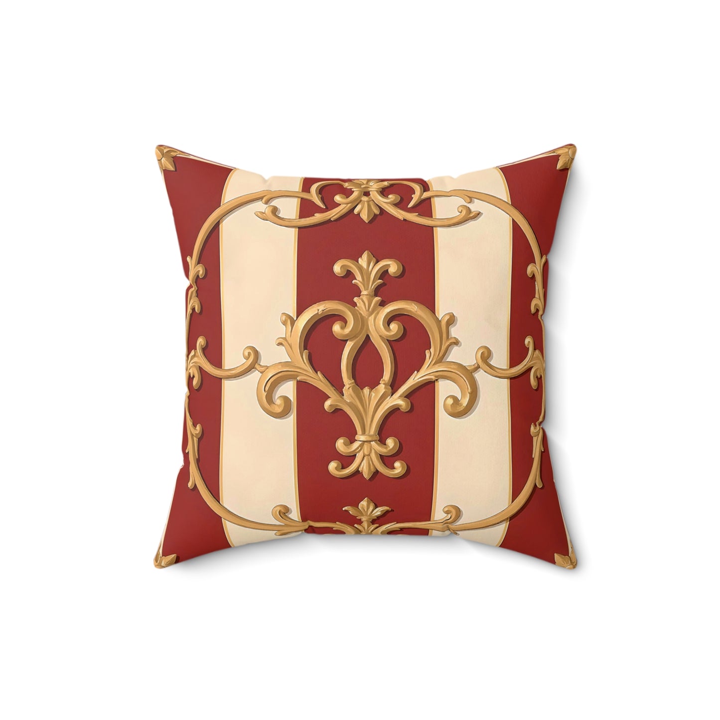 Elegant Faux Suede Square Pillow with Gold Ornate Design - Alabaster & Dusk Orange Striped Baroque