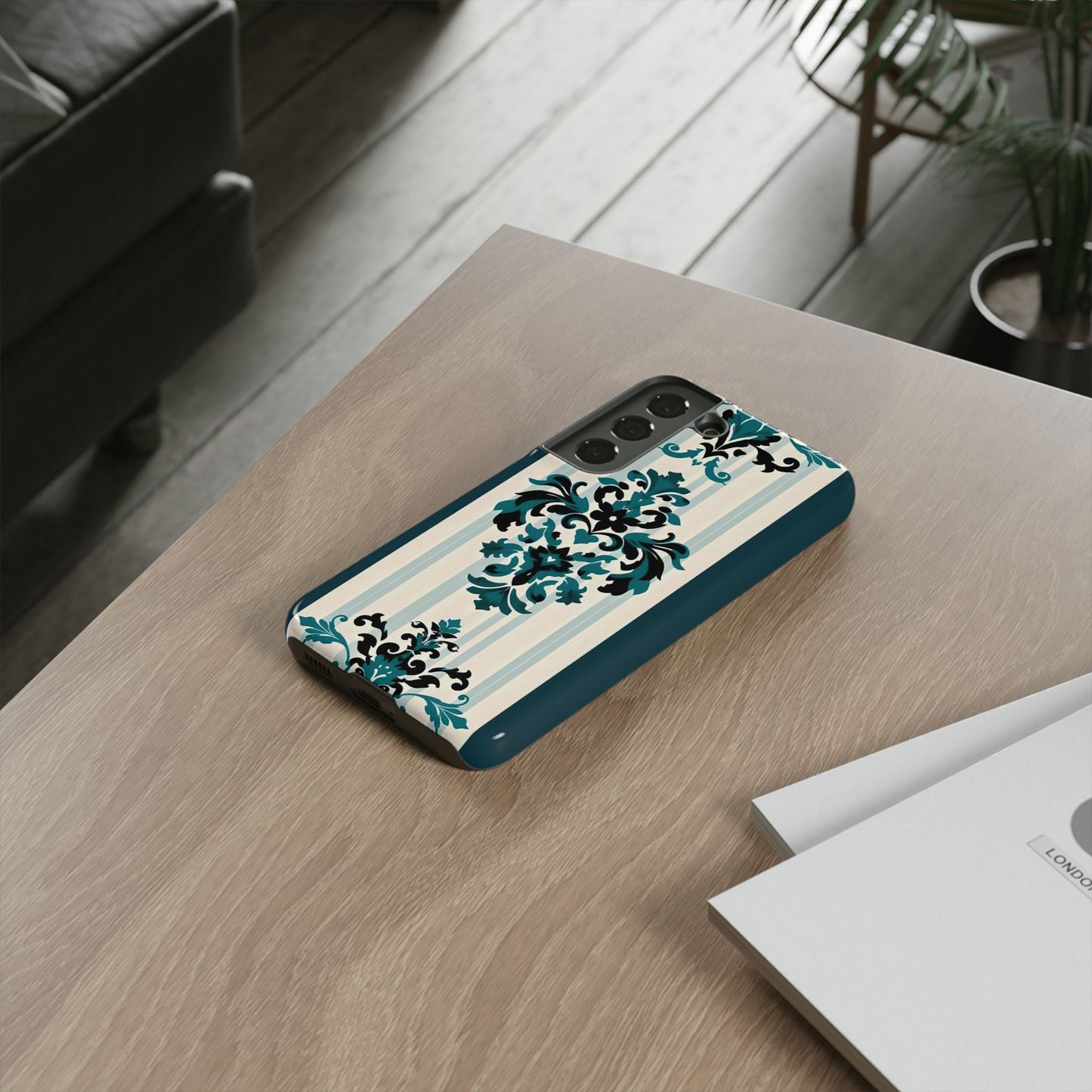 Elegant Floral Phone Case - Tough Cases with Vintage Design - Teal Striped Damask