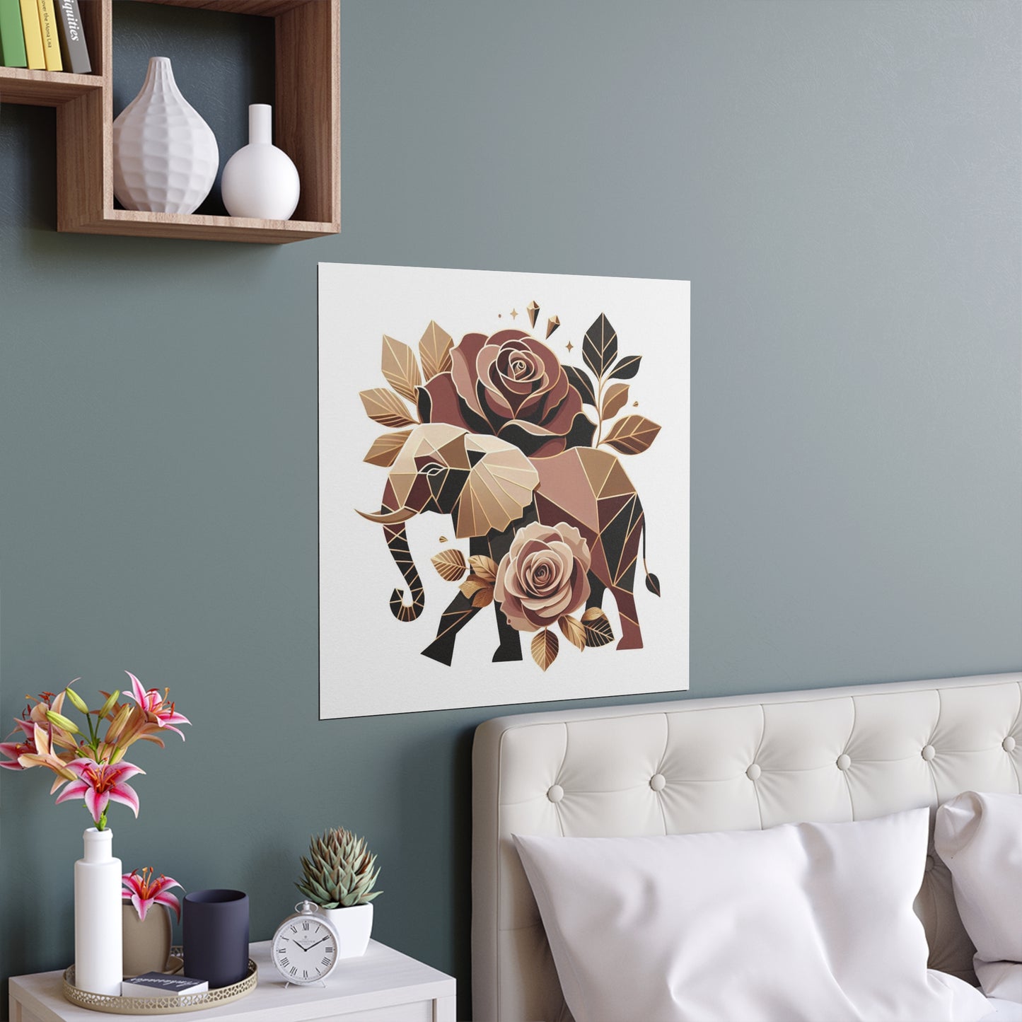 Elegant Floral Silk Poster - Indoor/Outdoor Wall Art for Home Decor - Brown & Gold Elephant & Roses