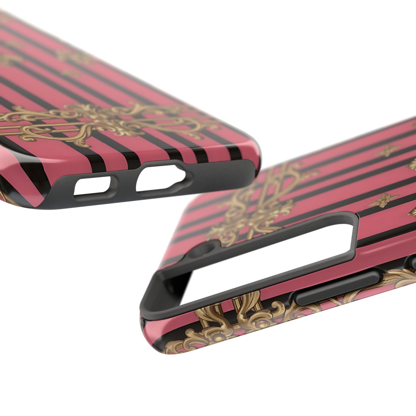 Elegant Floral Phone Cases, Stylish Protective Case for Trendy Individuals, Unique Gift for Tech Lovers, Phone Accessories - Pink Striped Gold Rococo