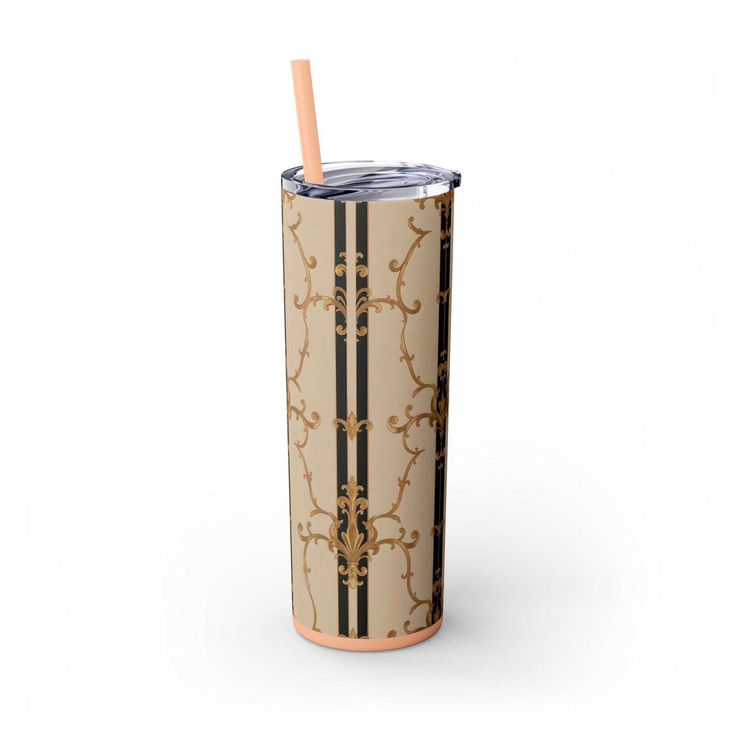 Elegant Gold Patterned Skinny Tumbler with Straw, 20oz | Stylish Travel Mug, Gift for Her, Fancy Drinkware - Black & Beige Striped Damask