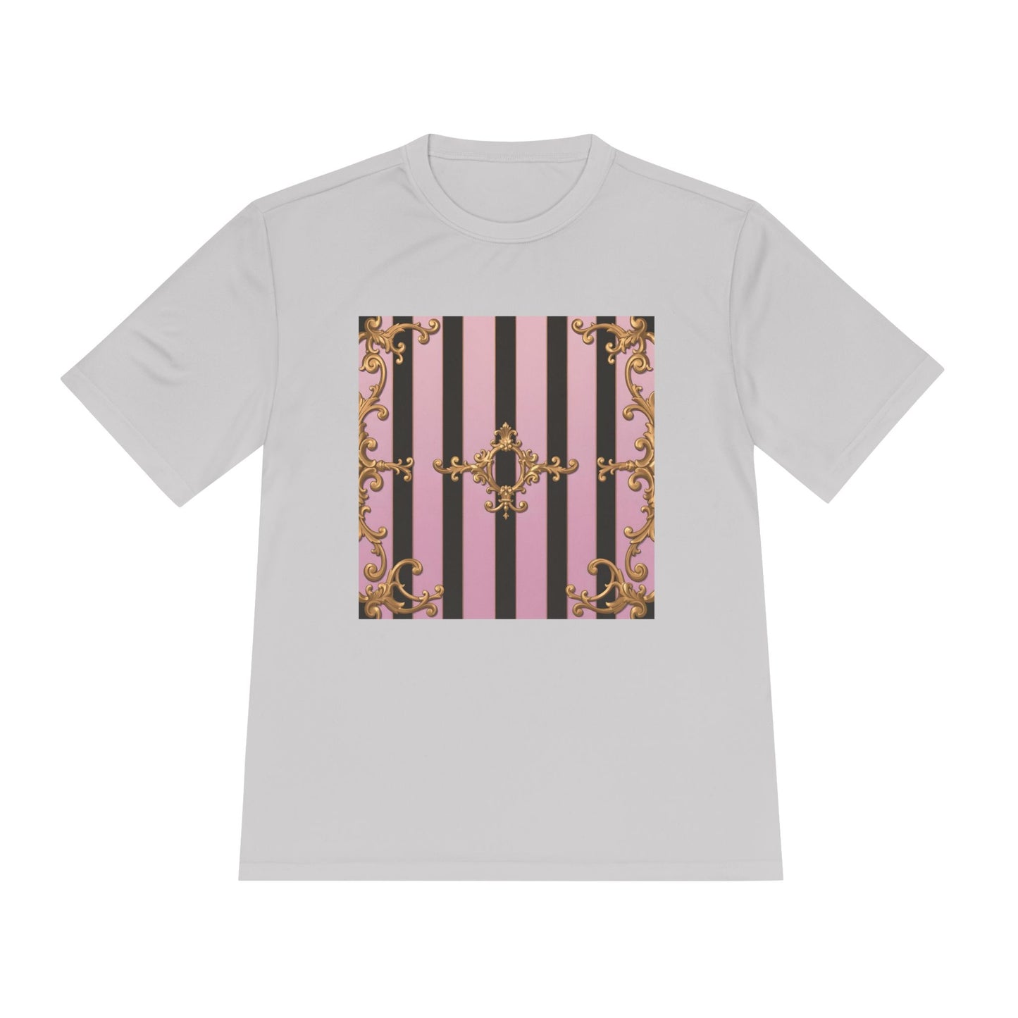 Elegant Striped Unisex Moisture Wicking Tee, Stylish Workout T-Shirt, Fashionable Athletic Top - Matte Lavender & Black Striped Gold Baroque