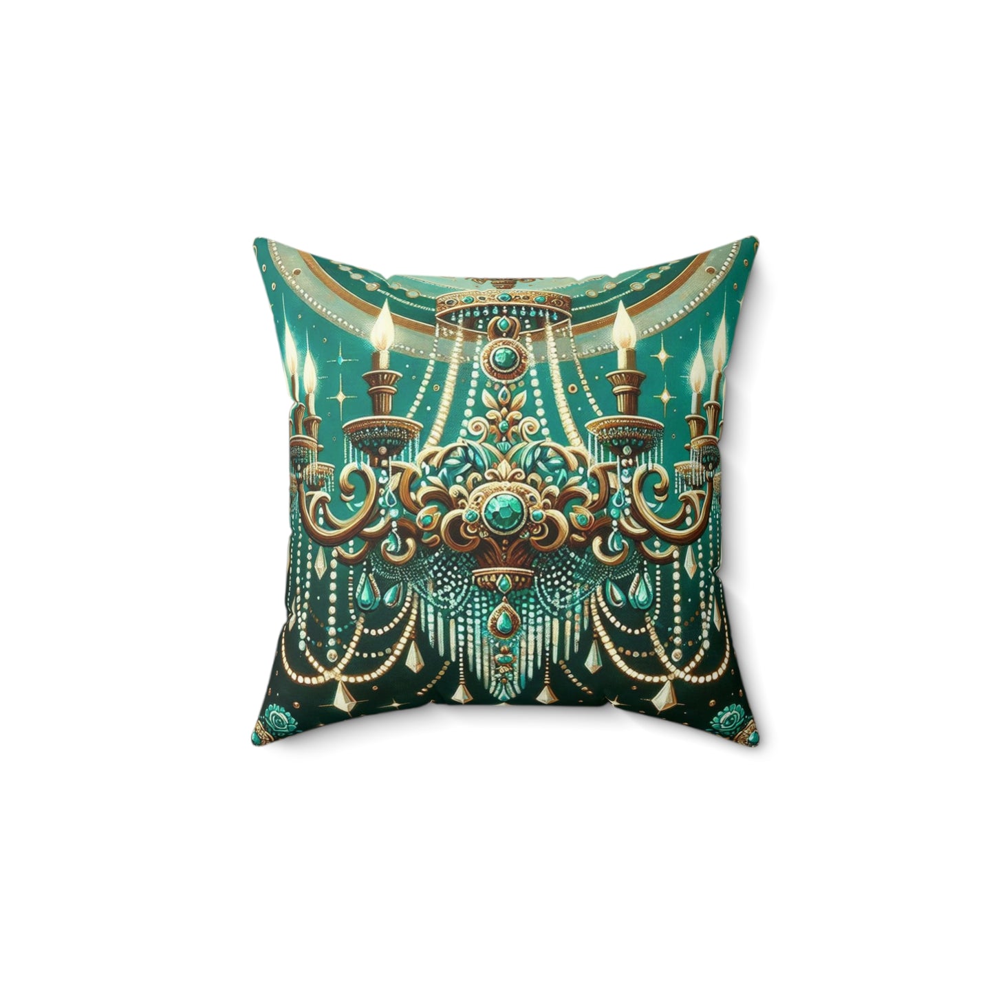 Chandelier Elegance Pillow | Decorative Throw Cushion, Bohemian Home Decor, Luxury Accent Pillow - Green & Gold Jeweled Chandelier