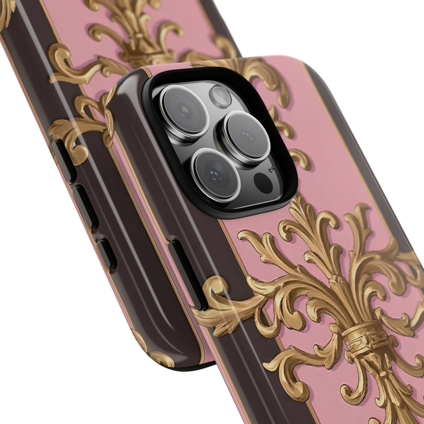 Elegant Floral Motif Phone Case - Tough Cases with Vintage Design - Pink & Brown Striped Gold Damask