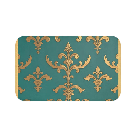 Elegant Vintage Bath Mat with Ornate Design for Luxurious Home Decor -  Aqua & Gold Damask