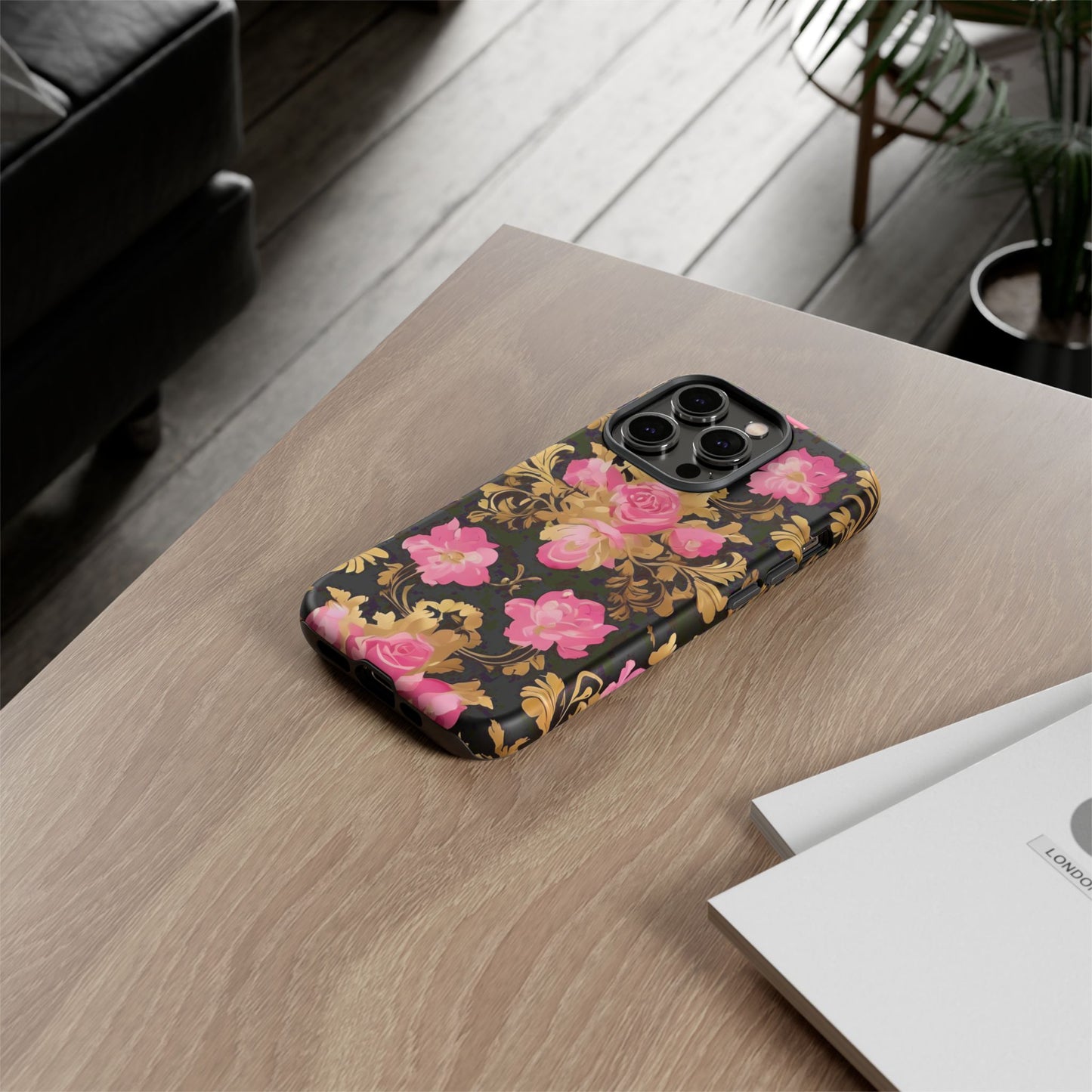 Elegant Floral Motif Phone Case - Tough Cases with Vintage Design - Pink & Gold Roses