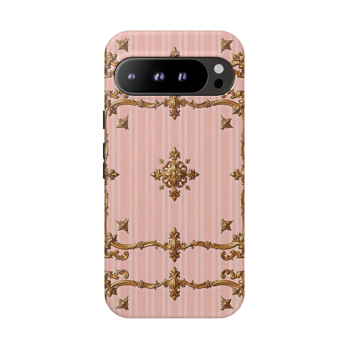 Elegant Floral Phone Case, Tough Cases for Women, Trendy Phone Cover, Chic Gift - Pink Striped Gold Baroque