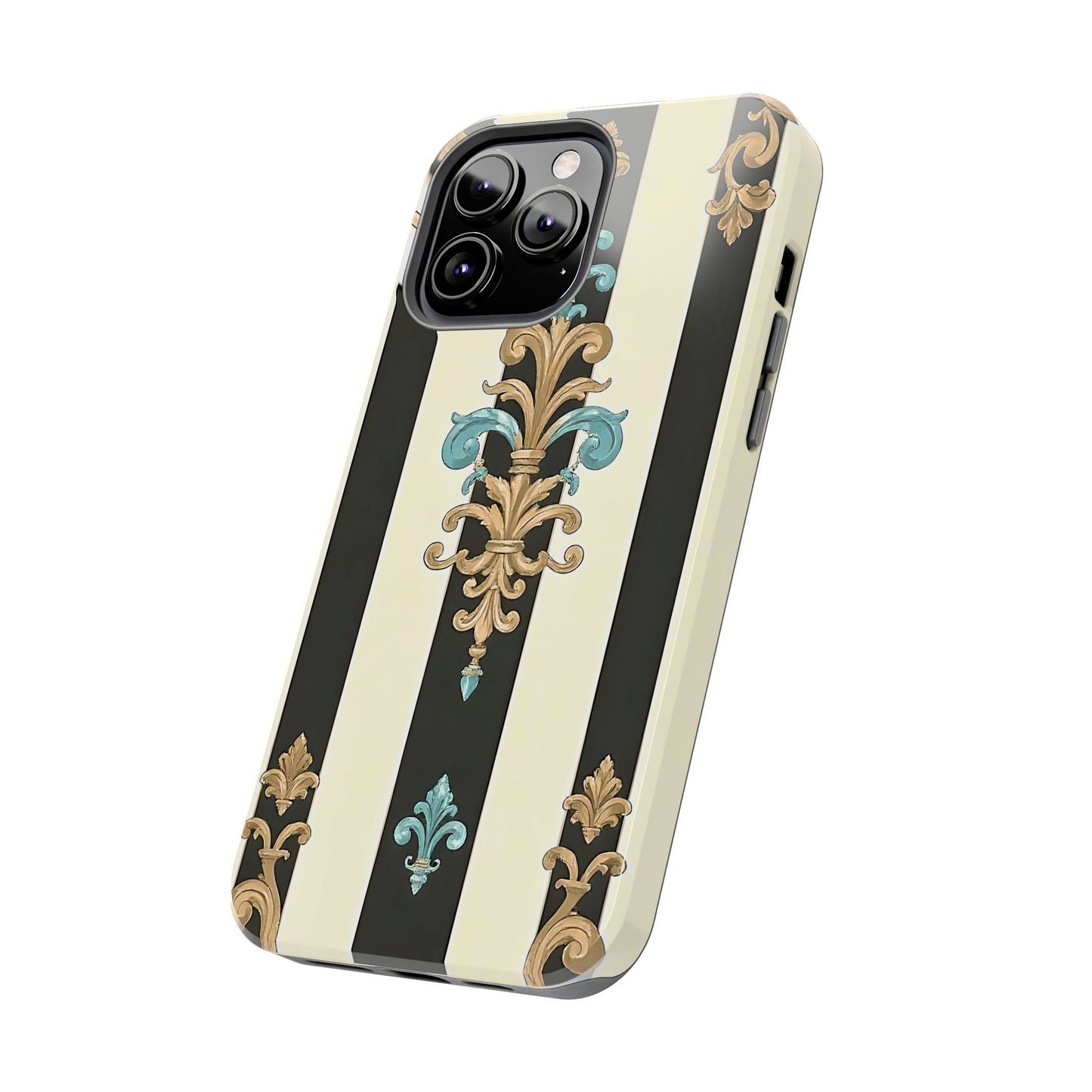 Elegant Vintage Tough Phone Cases, Stylish Phone Accessories, Quality Protection, Gifts for Her - Black Striped Turquoise & Black Rococo