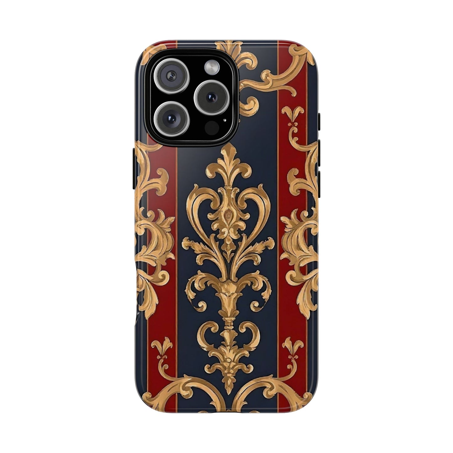 Elegant Floral Motif Phone Case - Tough Cases with Vintage Design - Midnight Blue & Dusk Red Striped Gold Damask