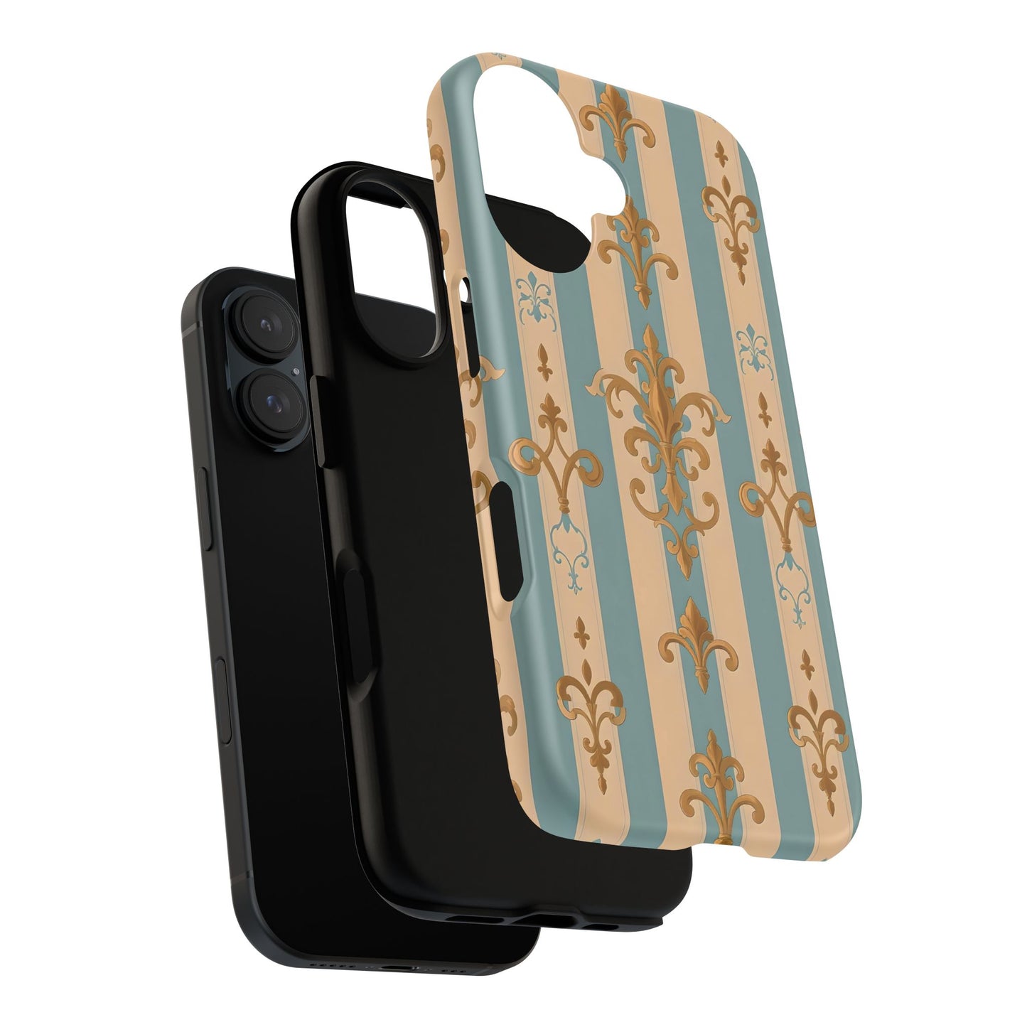 Elegant Floral Motif Phone Case - Tough Cases with Vintage Design -  Beige & Sky Blue Striped Gold Damask