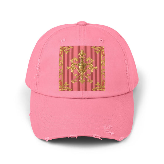 Chic Distressed Unisex Cap - Trendy Accessories for Style Lovers, Everyday Wear, Fashion Statement, Birthday Gift - Pink Striped Gold Baroque