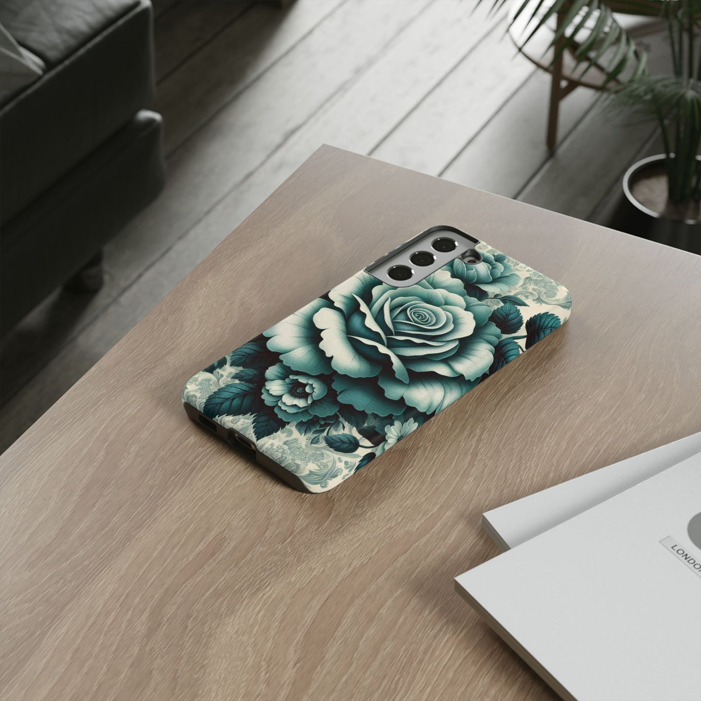Elegant Floral Motif Phone Case - Tough Cases with Vintage Design - Teal Roses & Damask