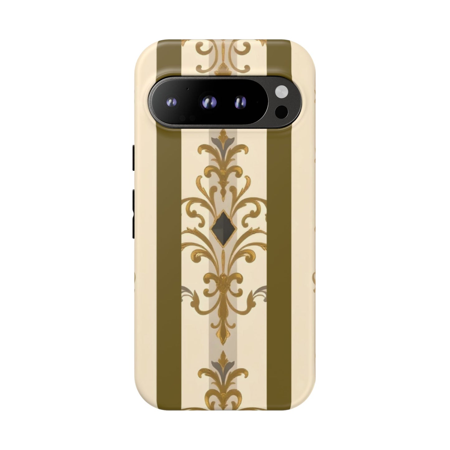 Elegant Floral Motif Phone Case - Tough Cases with Vintage Design - Olive Striped Gold Damask
