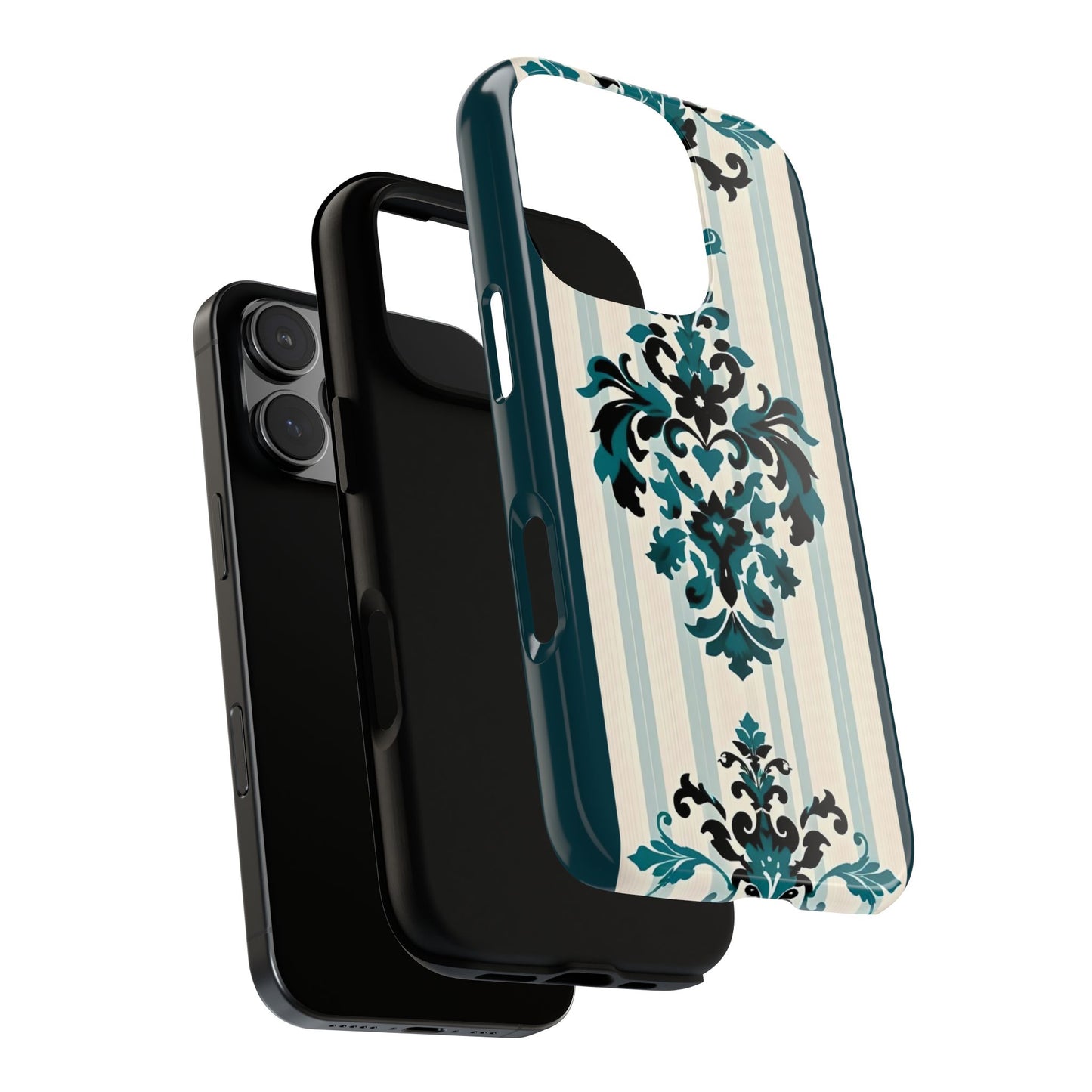 Elegant Floral Phone Case - Tough Cases with Vintage Design - Teal Striped Damask