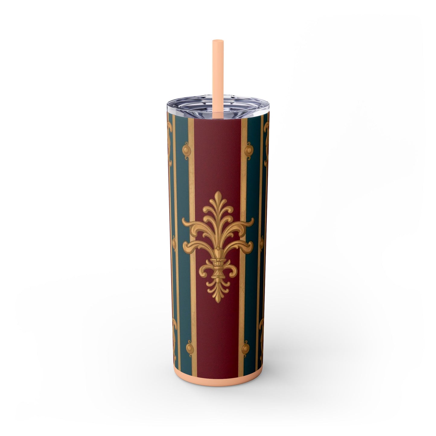 Elegant Vintage Skinny Tumbler with Straw, 20oz | Gold & Burgundy Design | Travel Mug, Gift for Her - Burgundy Striped Gold Baroque