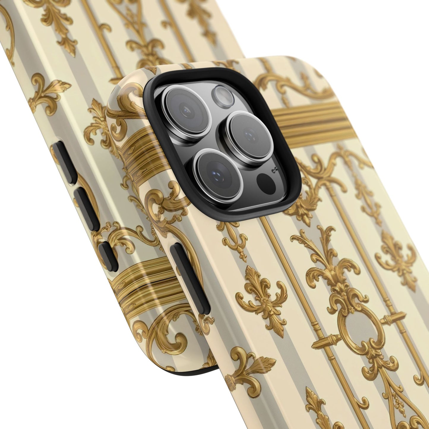 Elegant Gold Pattern Tough Phone Cases | Stylish Phone Covers, Trendy Cell Phone Accessories - Matte Gray & Cream Striped Gold Baroque