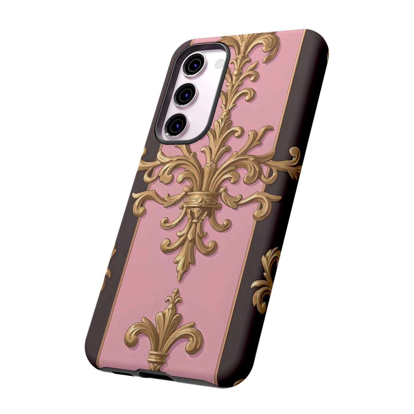 Elegant Floral Motif Phone Case - Tough Cases with Vintage Design - Pink & Brown Striped Gold Damask