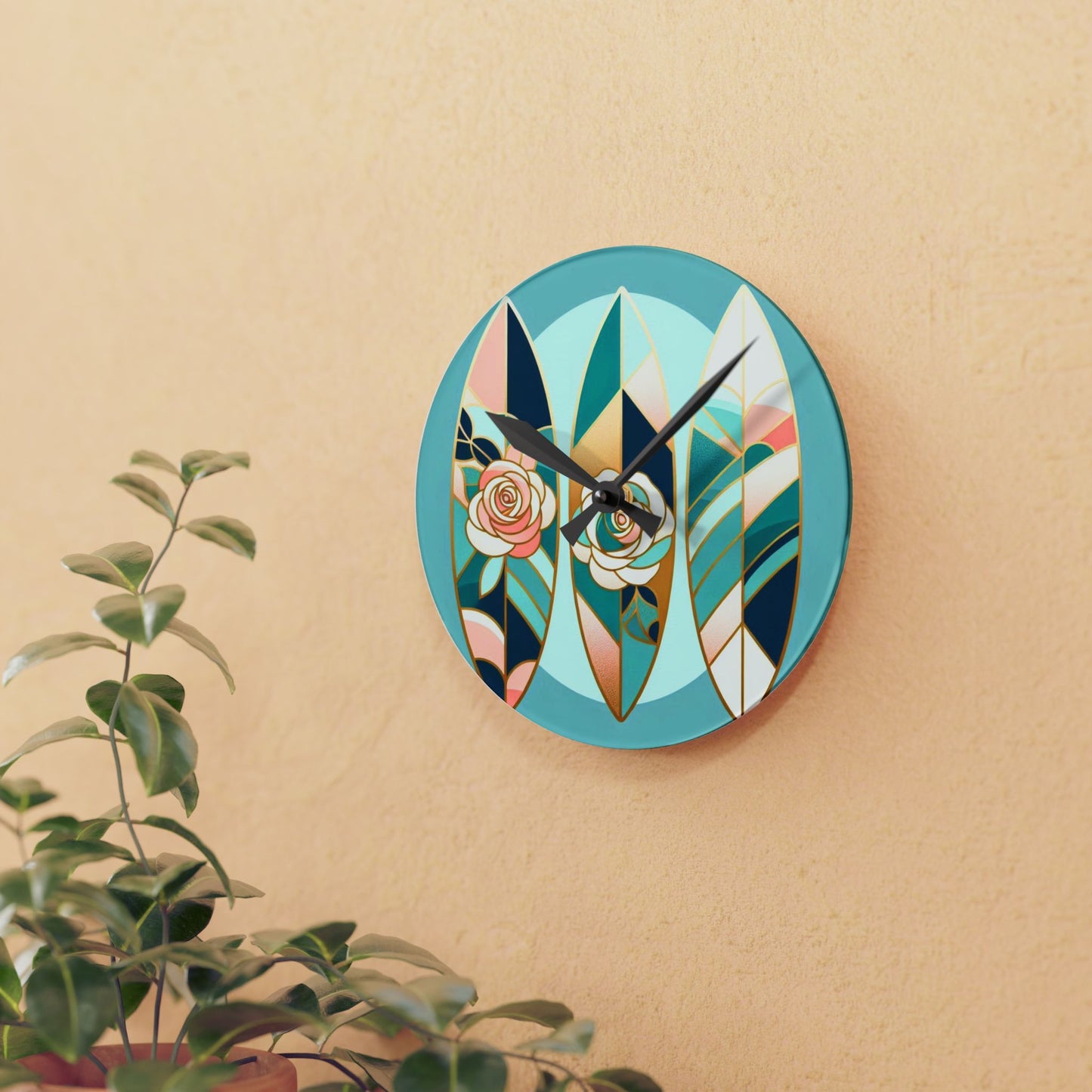 Bohemian Surf-Inspired Acrylic Wall Clock with Floral Design - Blue, Pink & Aqua Surfboard & Roses Design